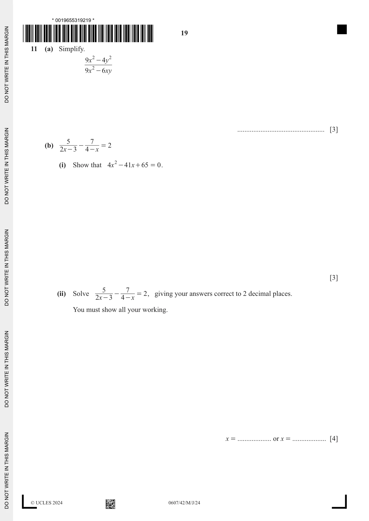 Cambridge IGCSE Mathematics - International 0607 2024 May/June Paper 4 · Variant 2 question paper, page 19 of 20