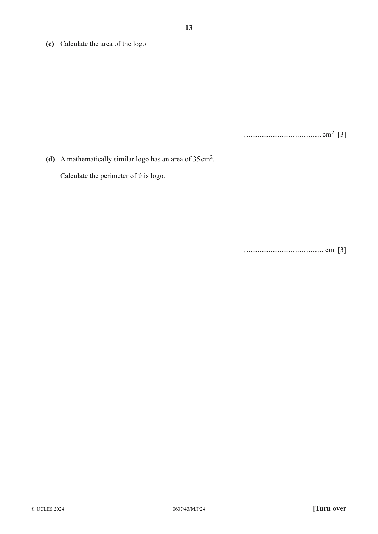 Cambridge IGCSE Mathematics - International 0607 2024 May/June Paper 4 · Variant 3 question paper, page 13 of 20