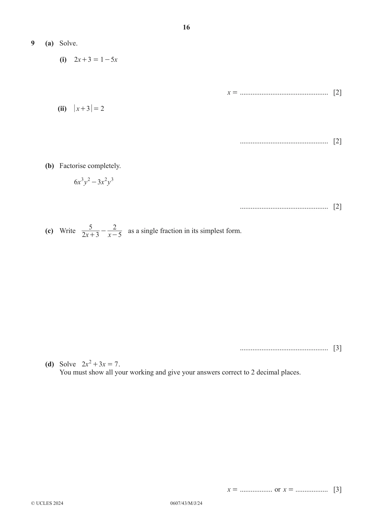 Cambridge IGCSE Mathematics - International 0607 2024 May/June Paper 4 · Variant 3 question paper, page 16 of 20