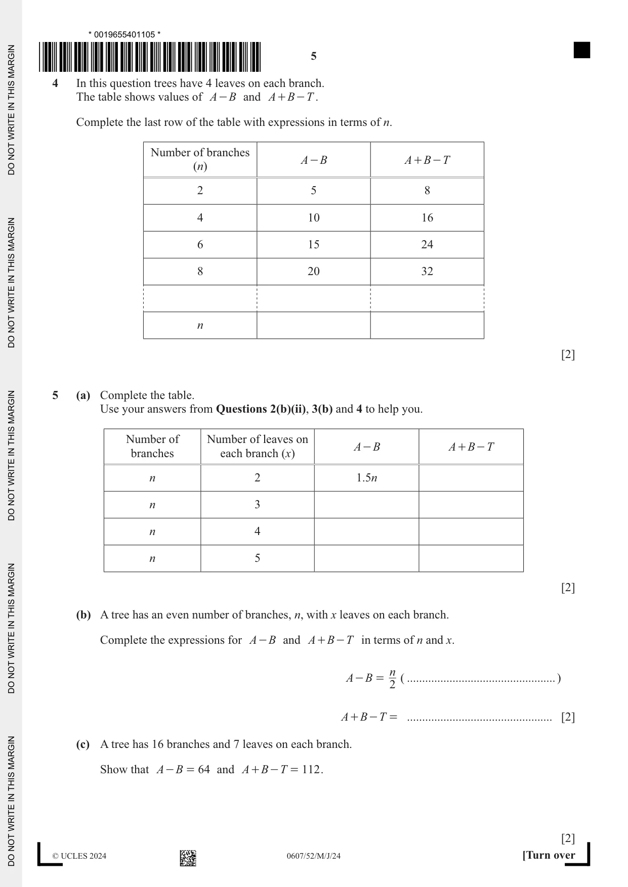 Cambridge IGCSE Mathematics - International 0607 2024 May/June Paper 5 · Variant 2 question paper, page 5 of 8
