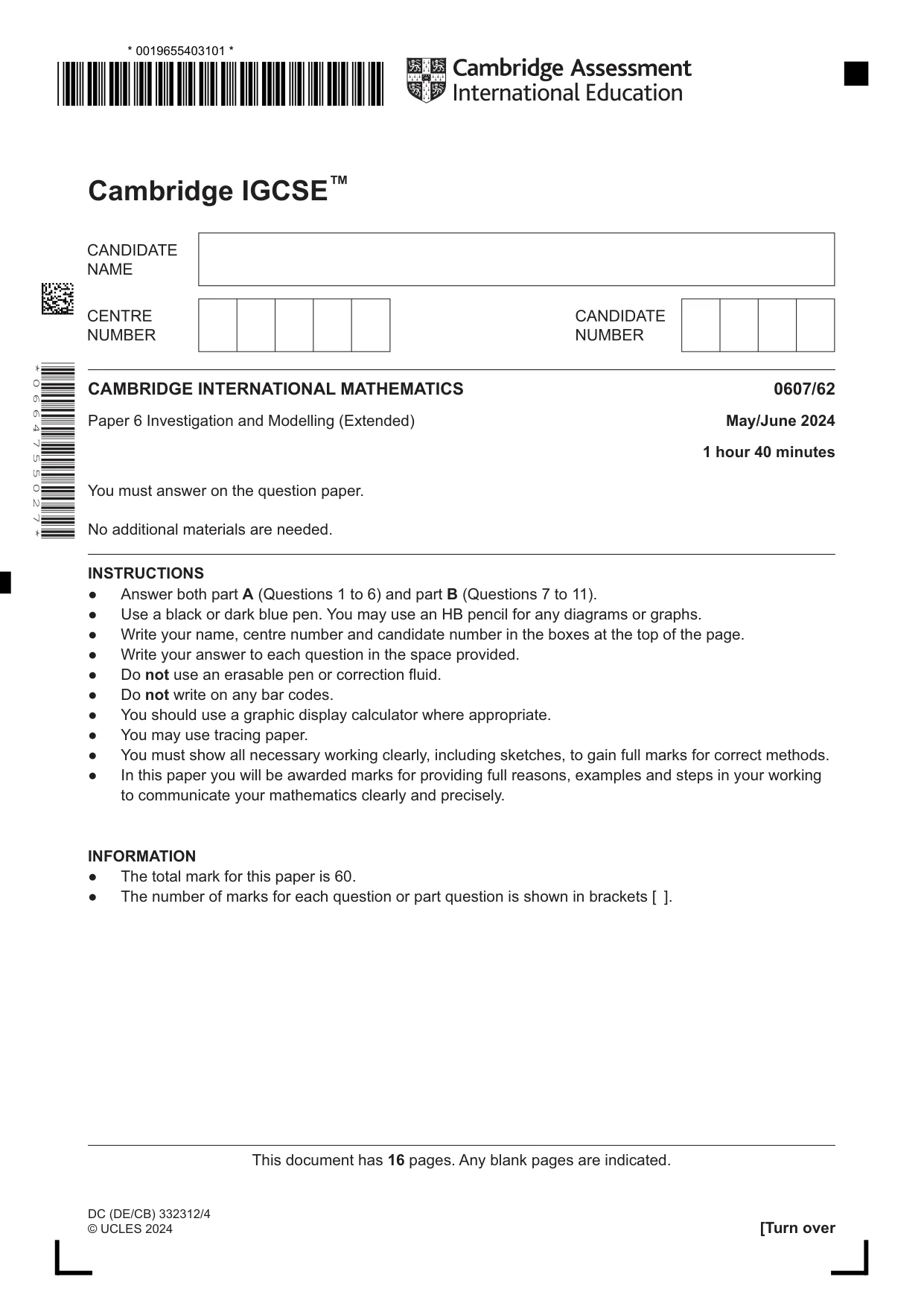 Cambridge IGCSE Mathematics - International 0607 2024 May/June Paper 6 · Variant 2 question paper, page 1 of 16