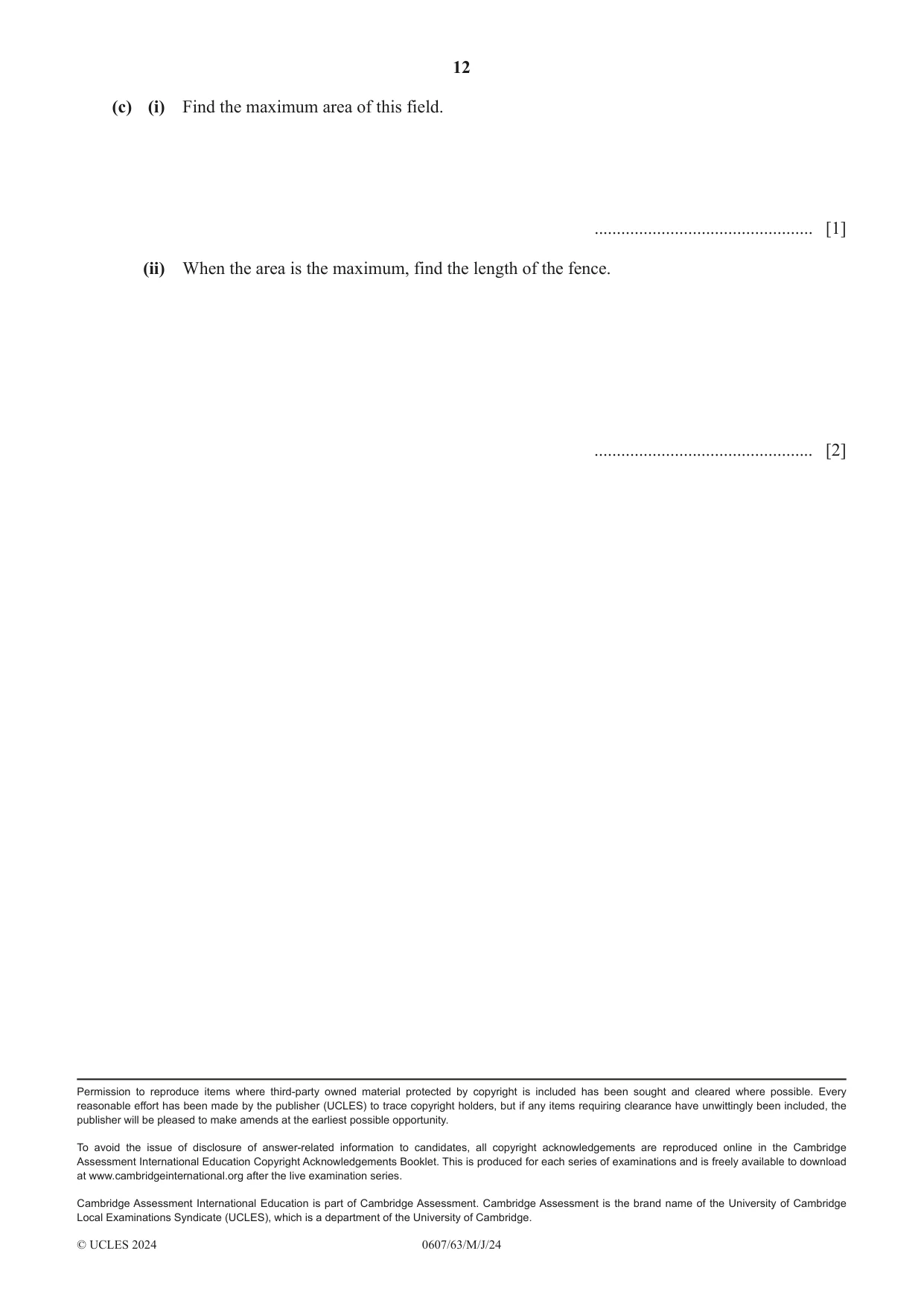 Cambridge IGCSE Mathematics - International 0607 2024 May/June Paper 6 · Variant 3 question paper, page 12 of 12