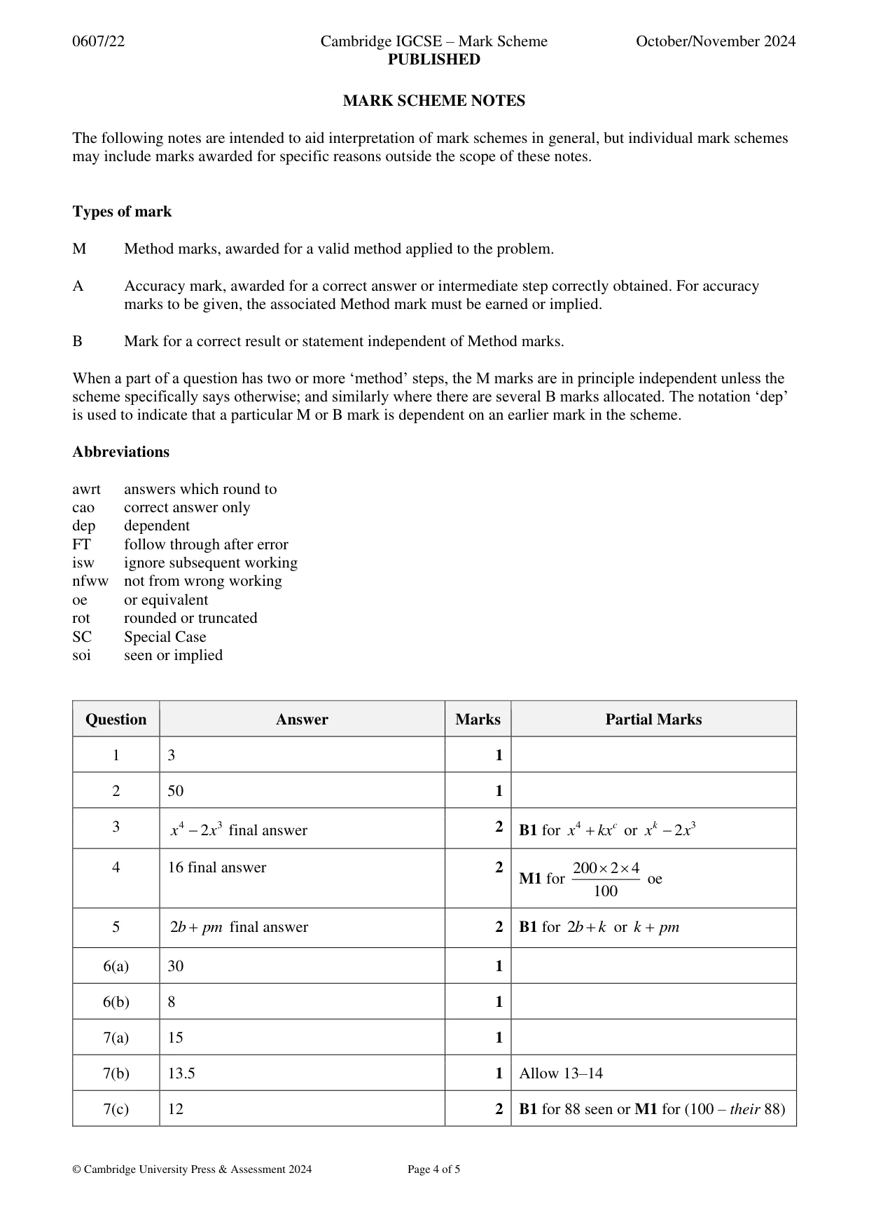 Mark scheme, page 4 of 5