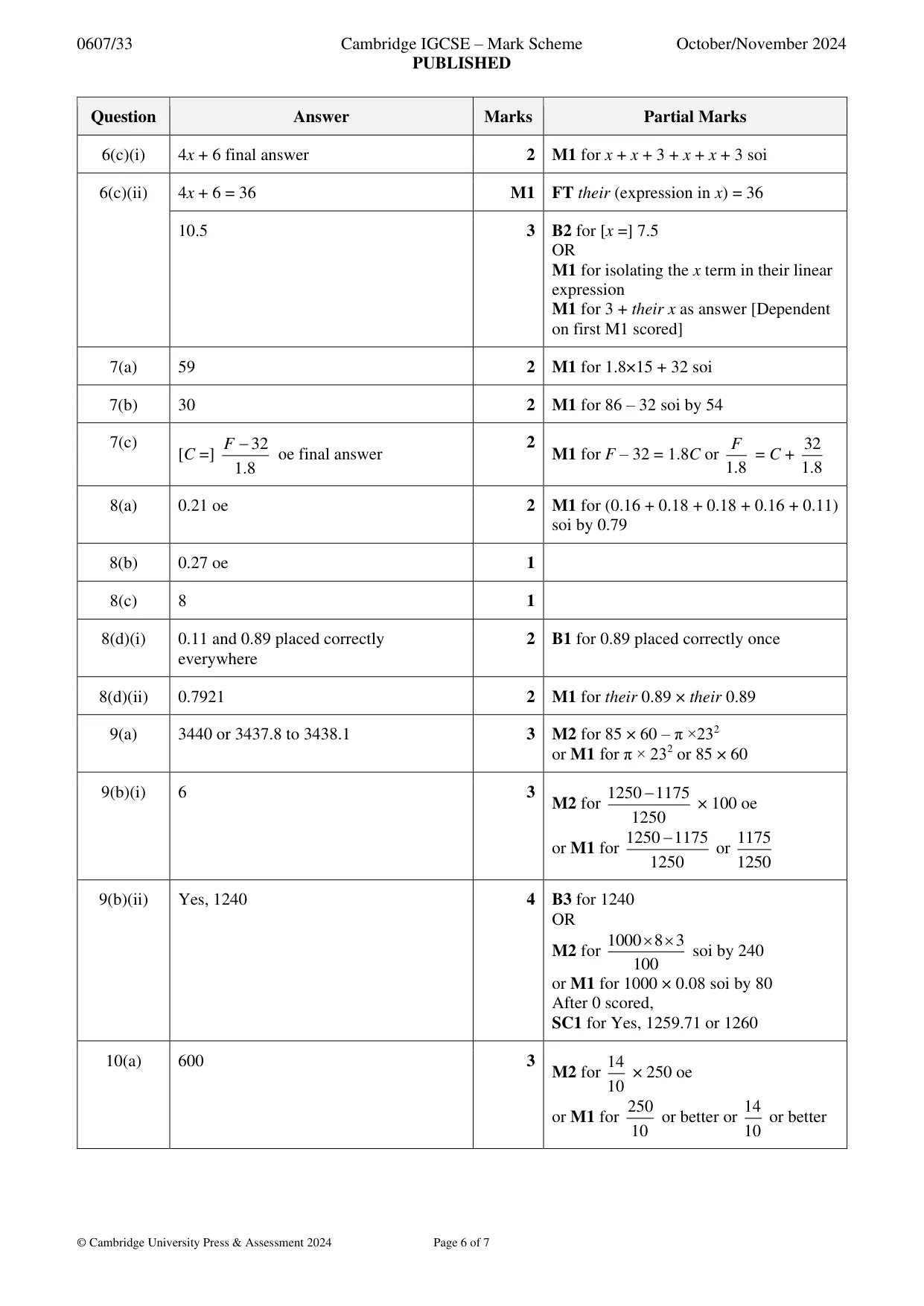 Mark scheme, page 6 of 7