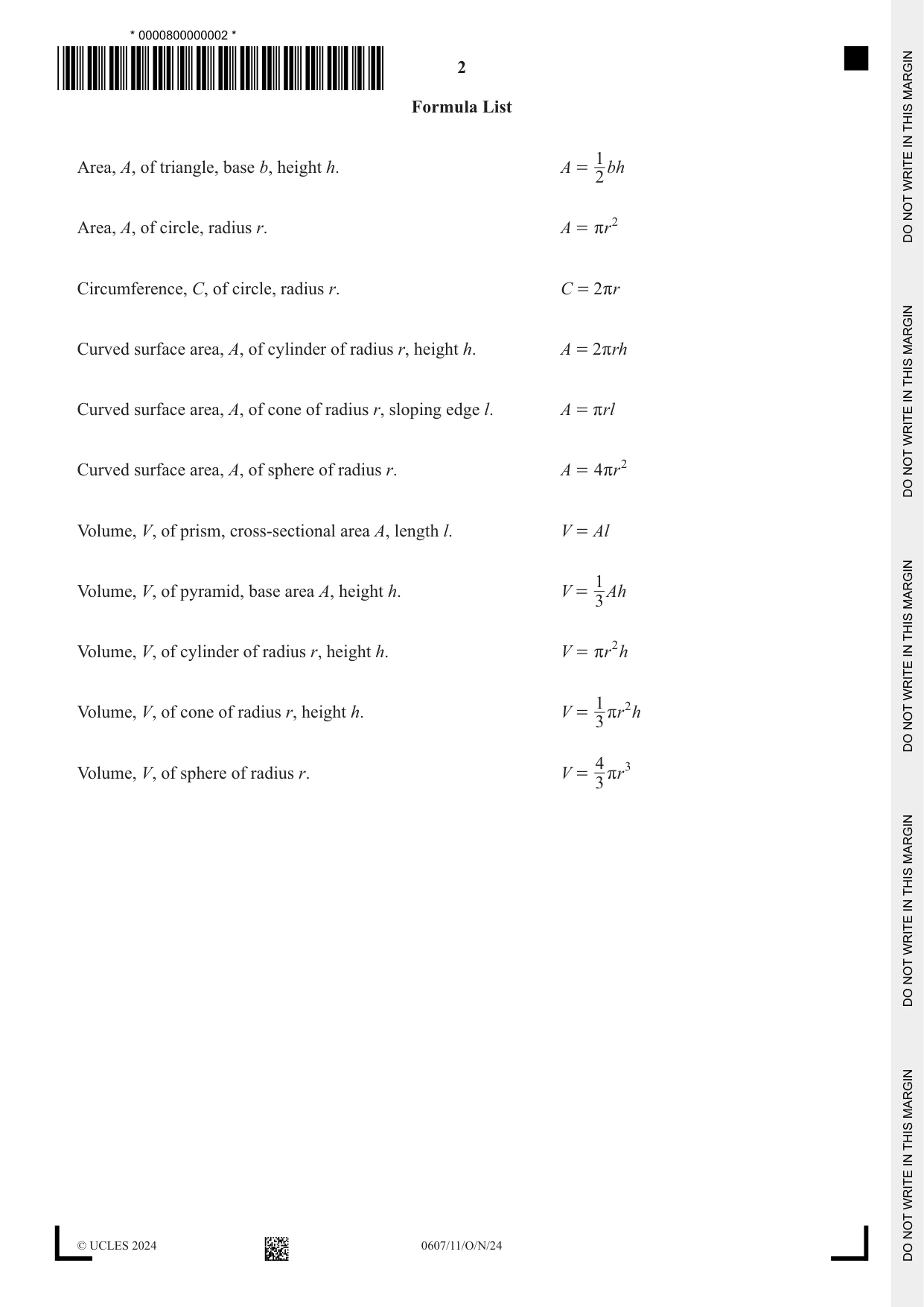 Cambridge IGCSE Mathematics - International 0607 2024 Oct/Nov Paper 1 · Variant 1 question paper, page 2 of 8