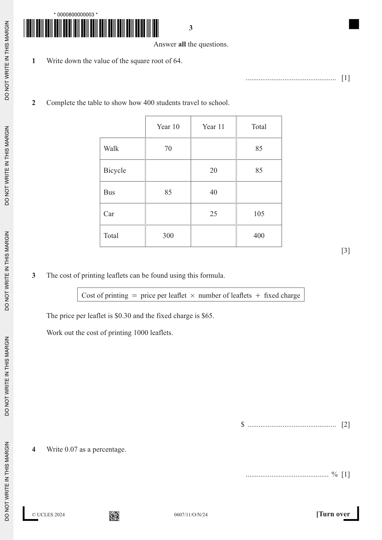 Cambridge IGCSE Mathematics - International 0607 2024 Oct/Nov Paper 1 · Variant 1 question paper, page 3 of 8