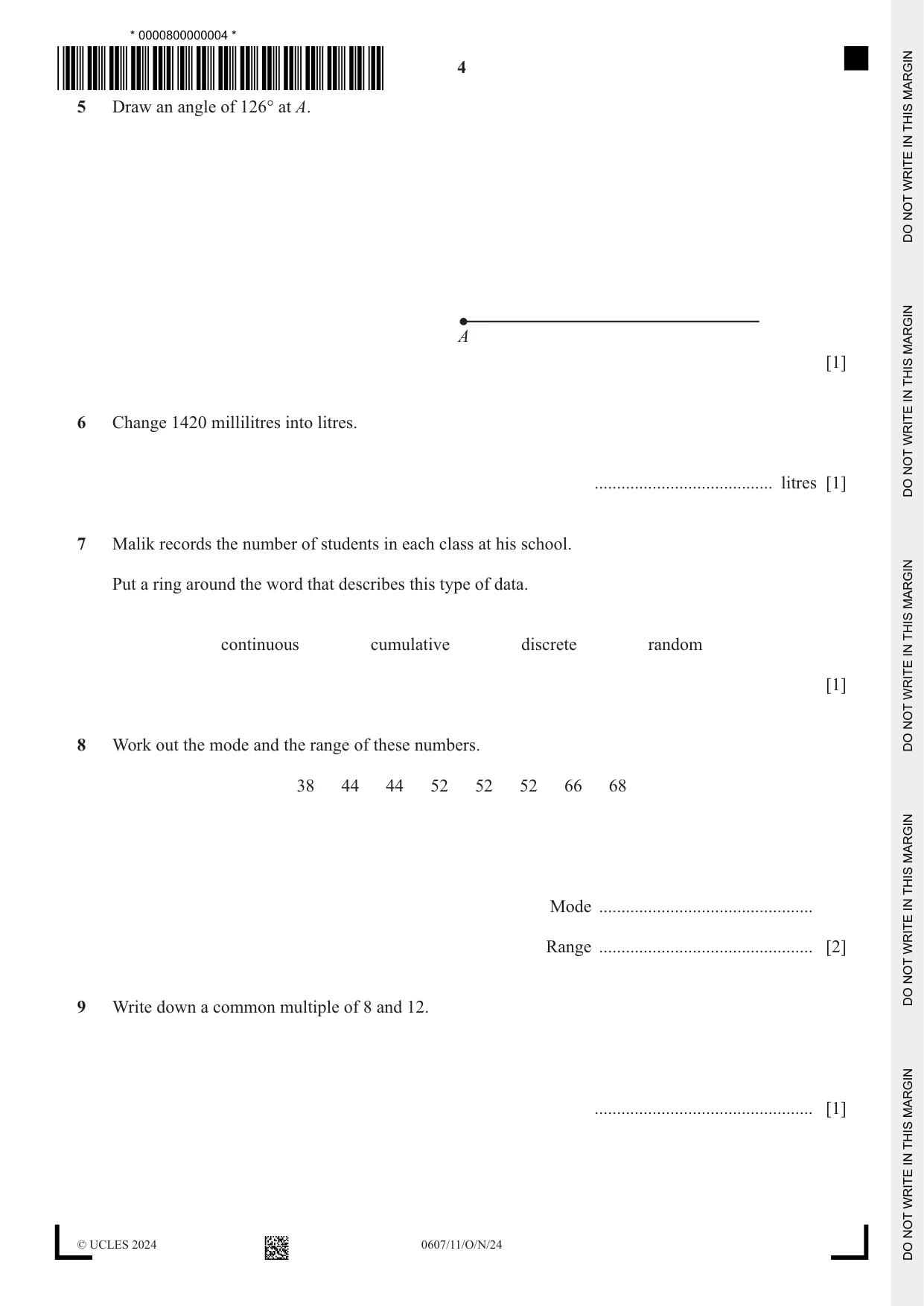 Cambridge IGCSE Mathematics - International 0607 2024 Oct/Nov Paper 1 · Variant 1 question paper, page 4 of 8