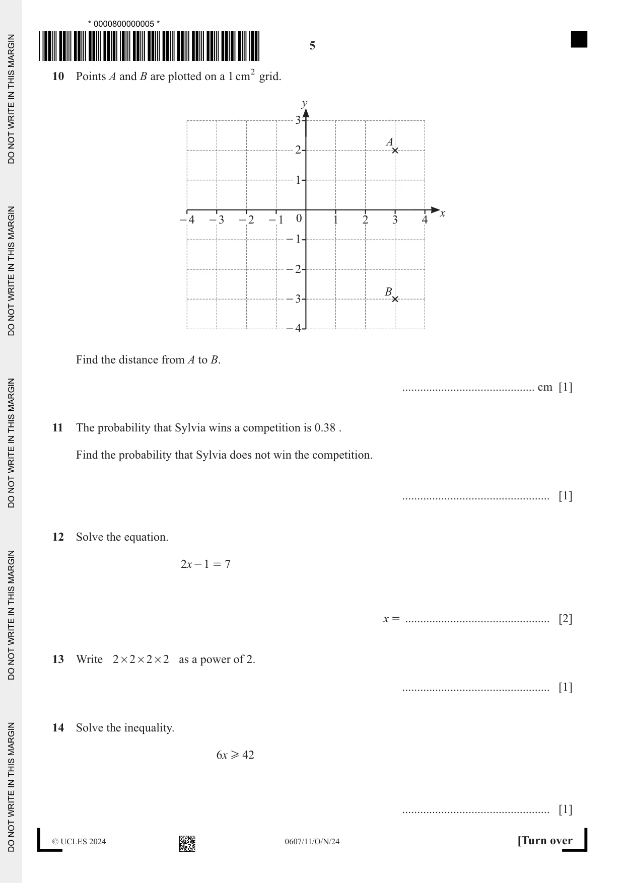 Cambridge IGCSE Mathematics - International 0607 2024 Oct/Nov Paper 1 · Variant 1 question paper, page 5 of 8