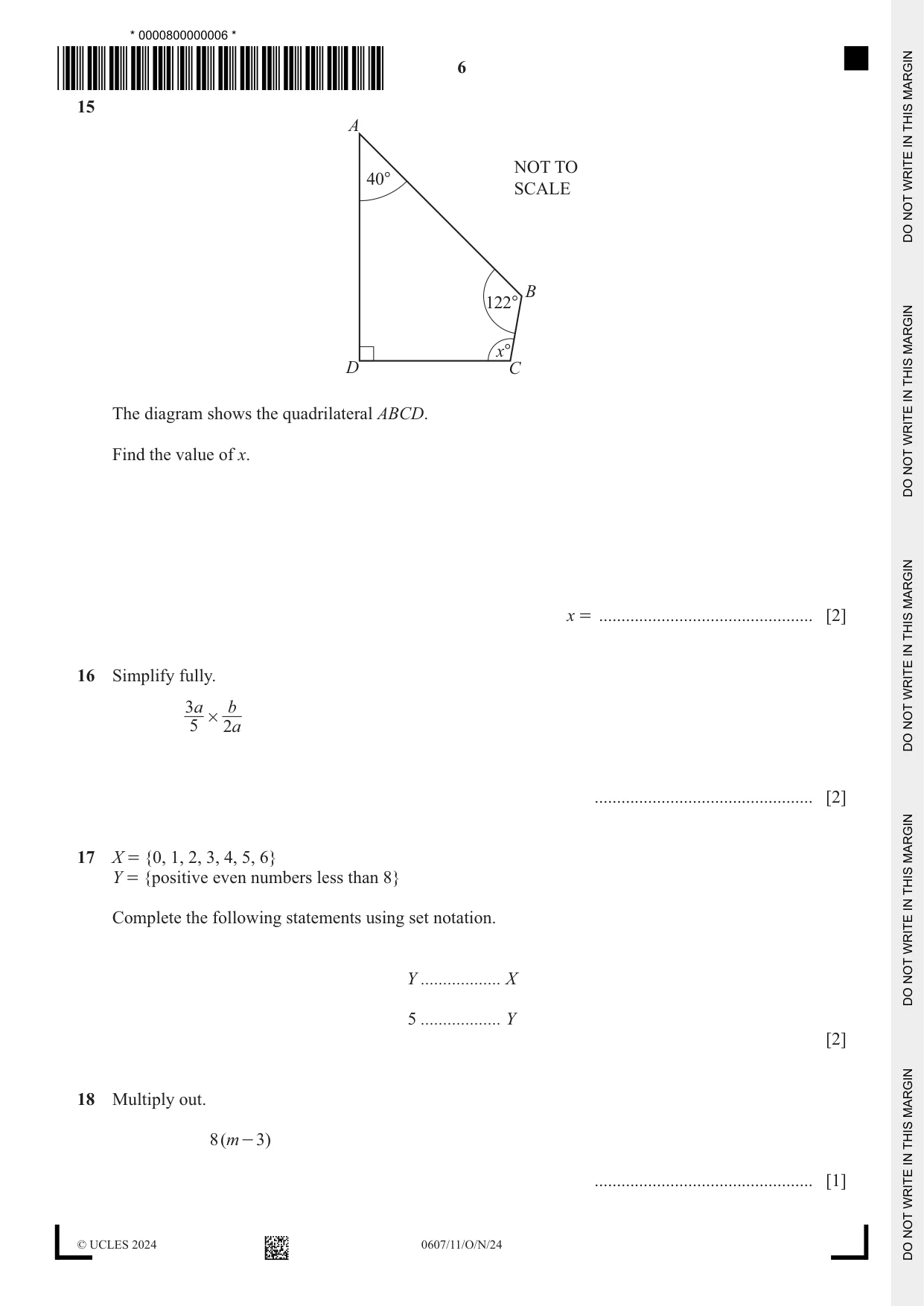 Cambridge IGCSE Mathematics - International 0607 2024 Oct/Nov Paper 1 · Variant 1 question paper, page 6 of 8