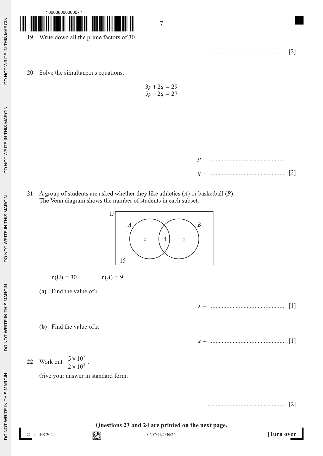 Cambridge IGCSE Mathematics - International 0607 2024 Oct/Nov Paper 1 · Variant 1 question paper, page 7 of 8