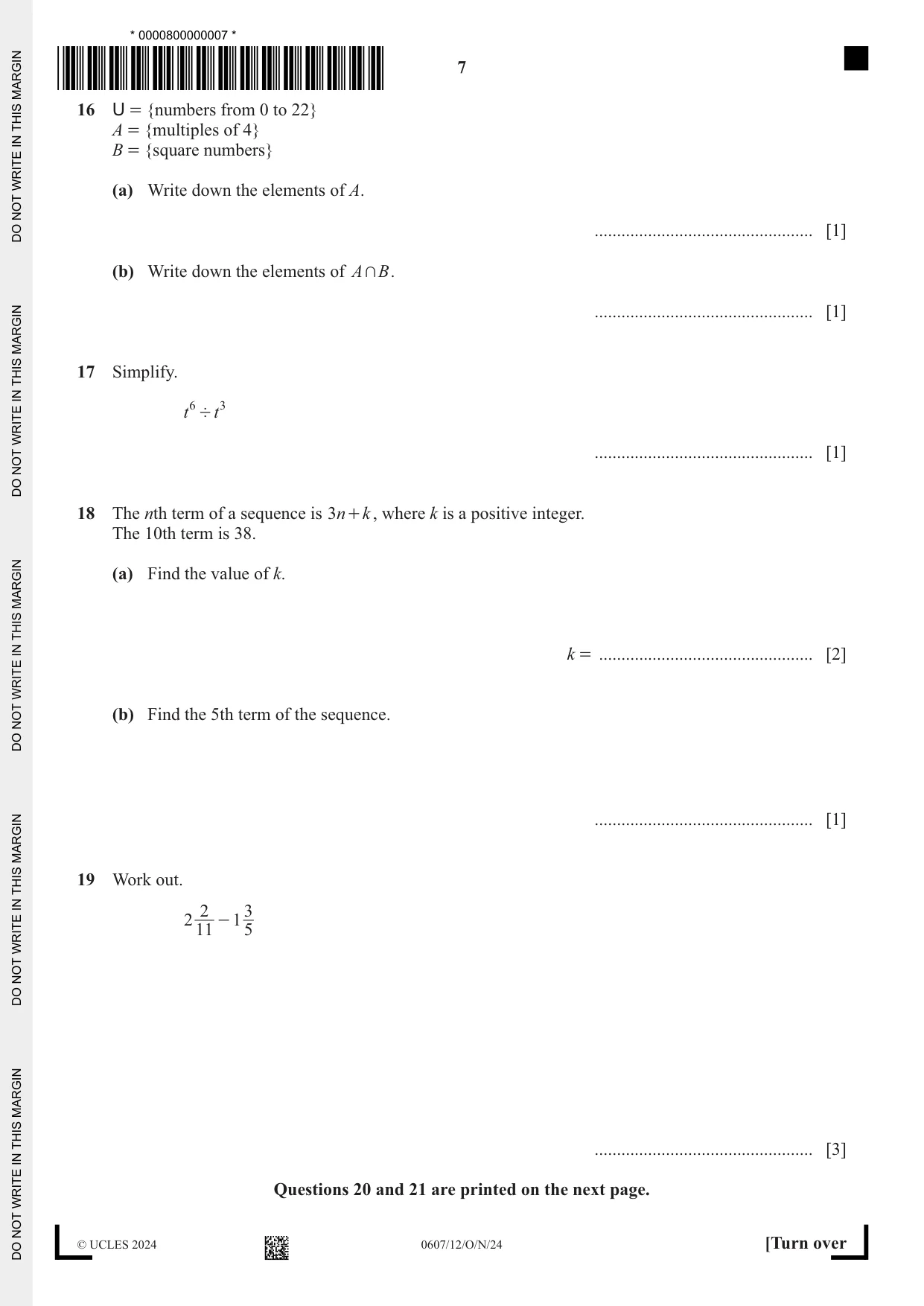 Cambridge IGCSE Mathematics - International 0607 2024 Oct/Nov Paper 1 · Variant 2 question paper, page 7 of 8