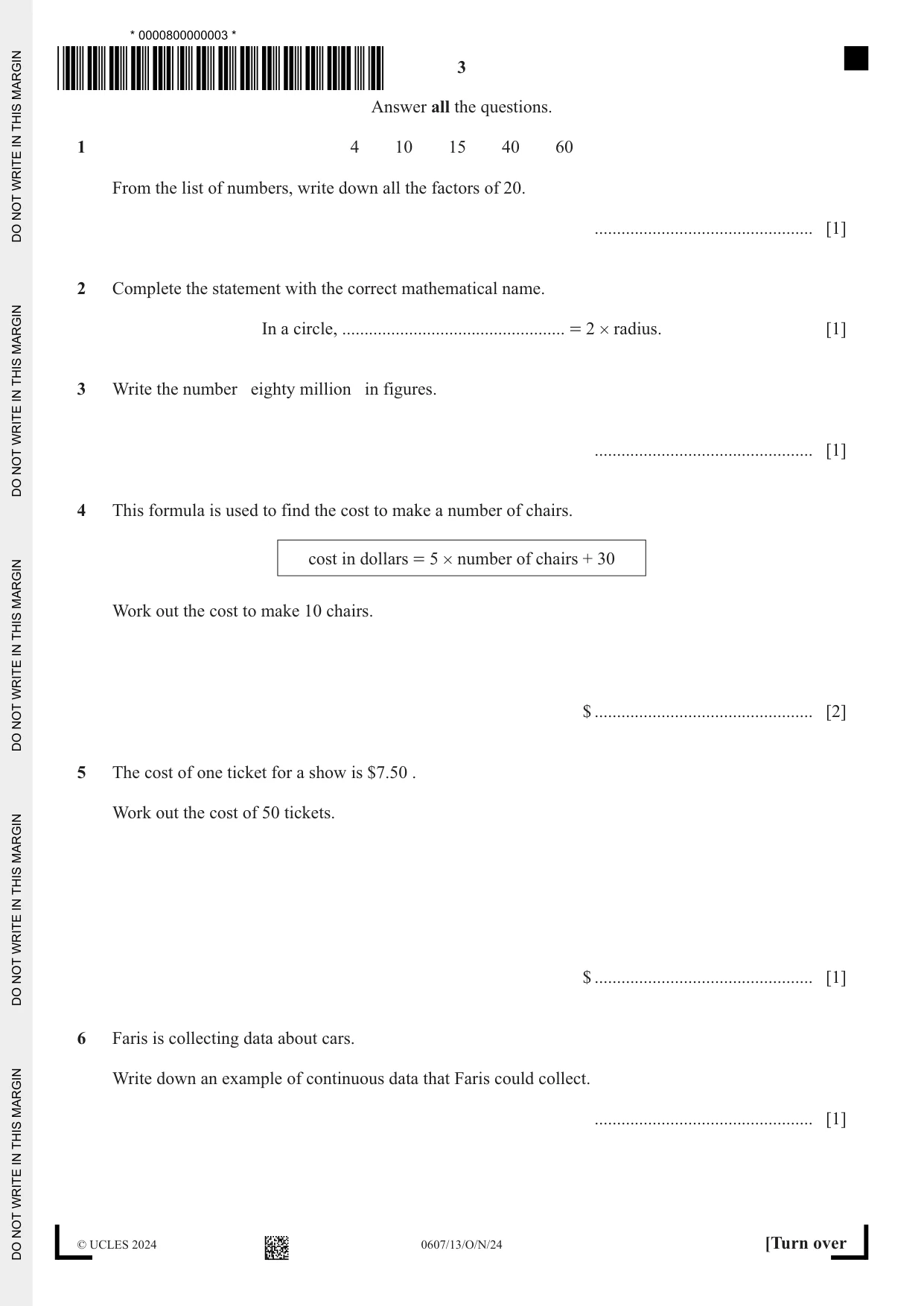 Cambridge IGCSE Mathematics - International 0607 2024 Oct/Nov Paper 1 · Variant 3 question paper, page 3 of 8