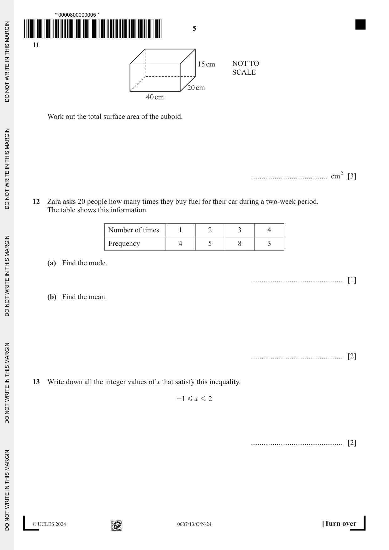 Cambridge IGCSE Mathematics - International 0607 2024 Oct/Nov Paper 1 · Variant 3 question paper, page 5 of 8