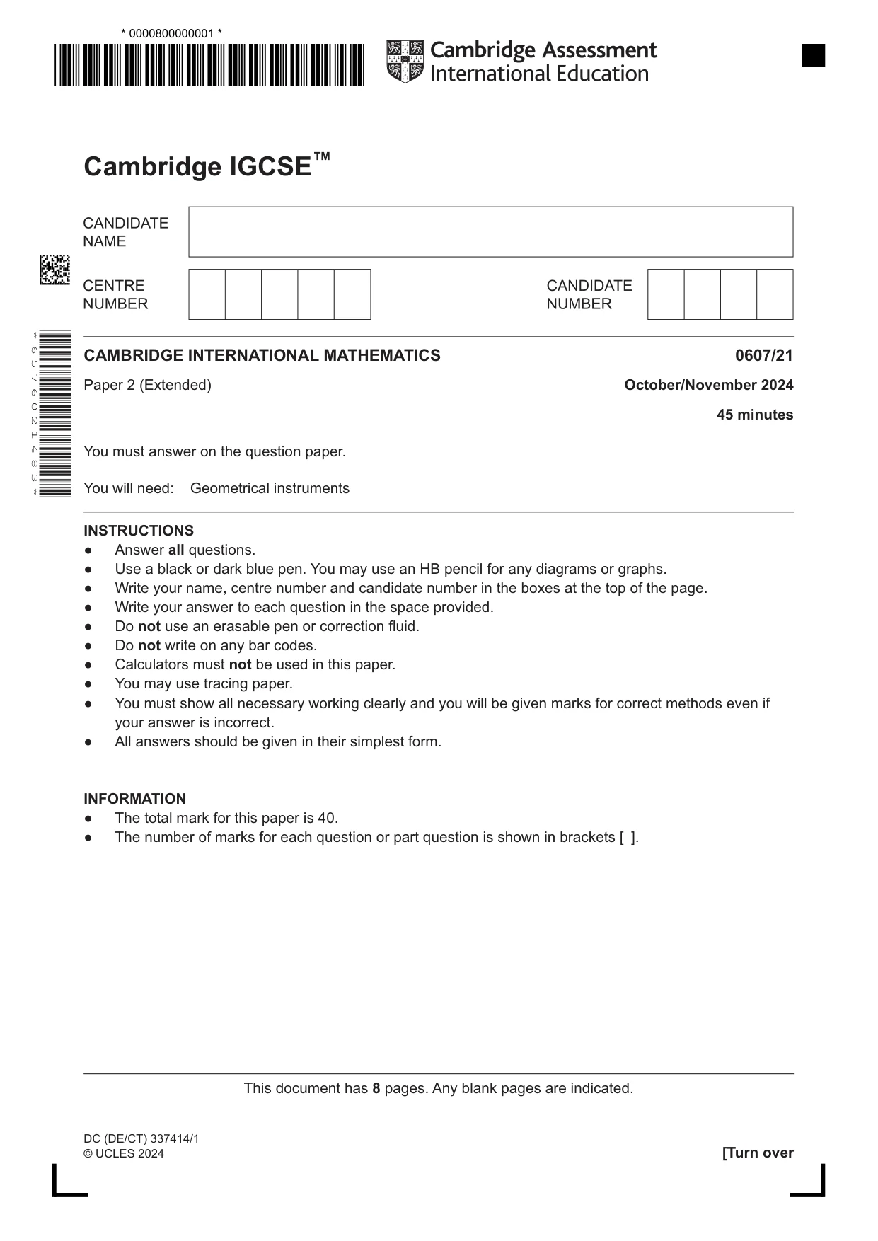 Cambridge IGCSE Mathematics - International 0607 2024 Oct/Nov Paper 2 · Variant 1 question paper, page 1 of 8