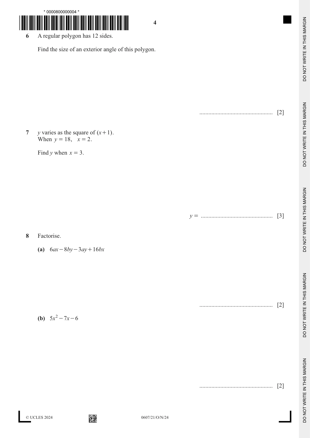 Cambridge IGCSE Mathematics - International 0607 2024 Oct/Nov Paper 2 · Variant 1 question paper, page 4 of 8