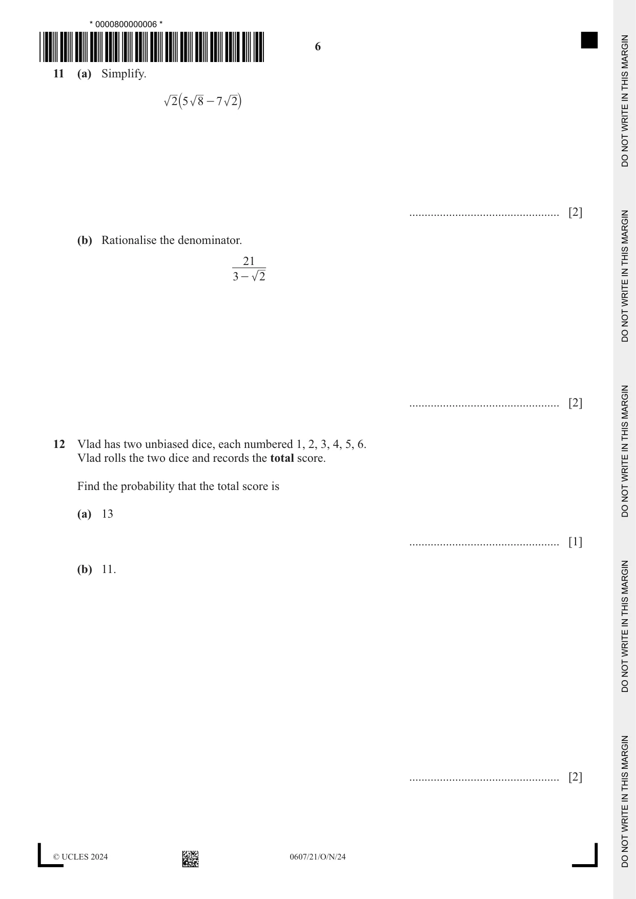 Cambridge IGCSE Mathematics - International 0607 2024 Oct/Nov Paper 2 · Variant 1 question paper, page 6 of 8