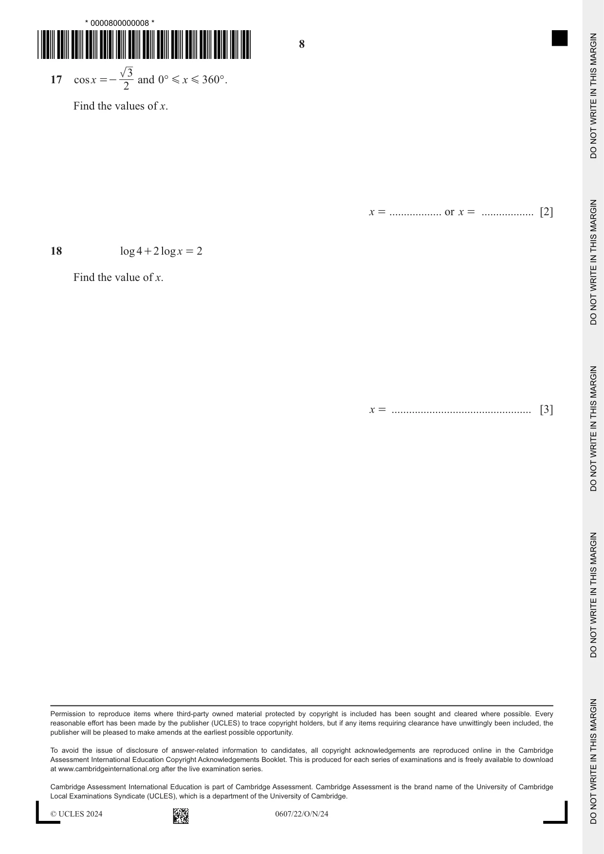 Cambridge IGCSE Mathematics - International 0607 2024 Oct/Nov Paper 2 · Variant 2 question paper, page 8 of 8