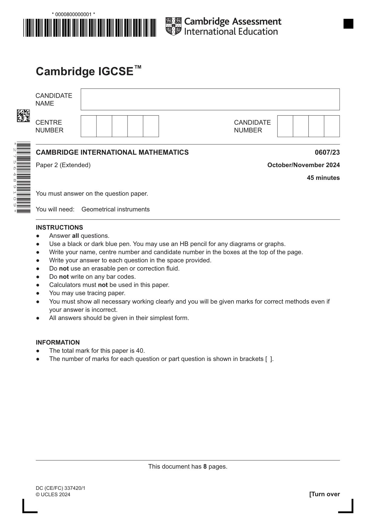 Cambridge IGCSE Mathematics - International 0607 2024 Oct/Nov Paper 2 · Variant 3 question paper, page 1 of 8