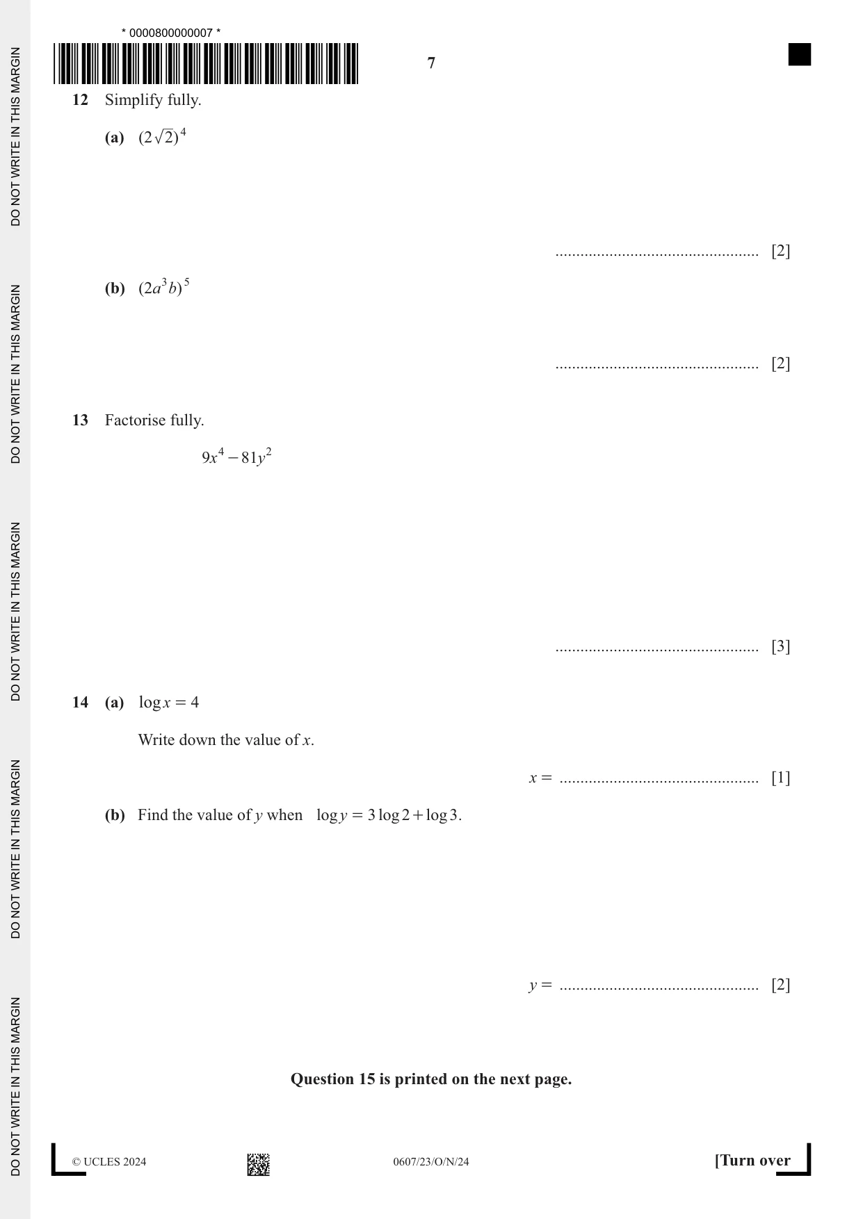 Cambridge IGCSE Mathematics - International 0607 2024 Oct/Nov Paper 2 · Variant 3 question paper, page 7 of 8