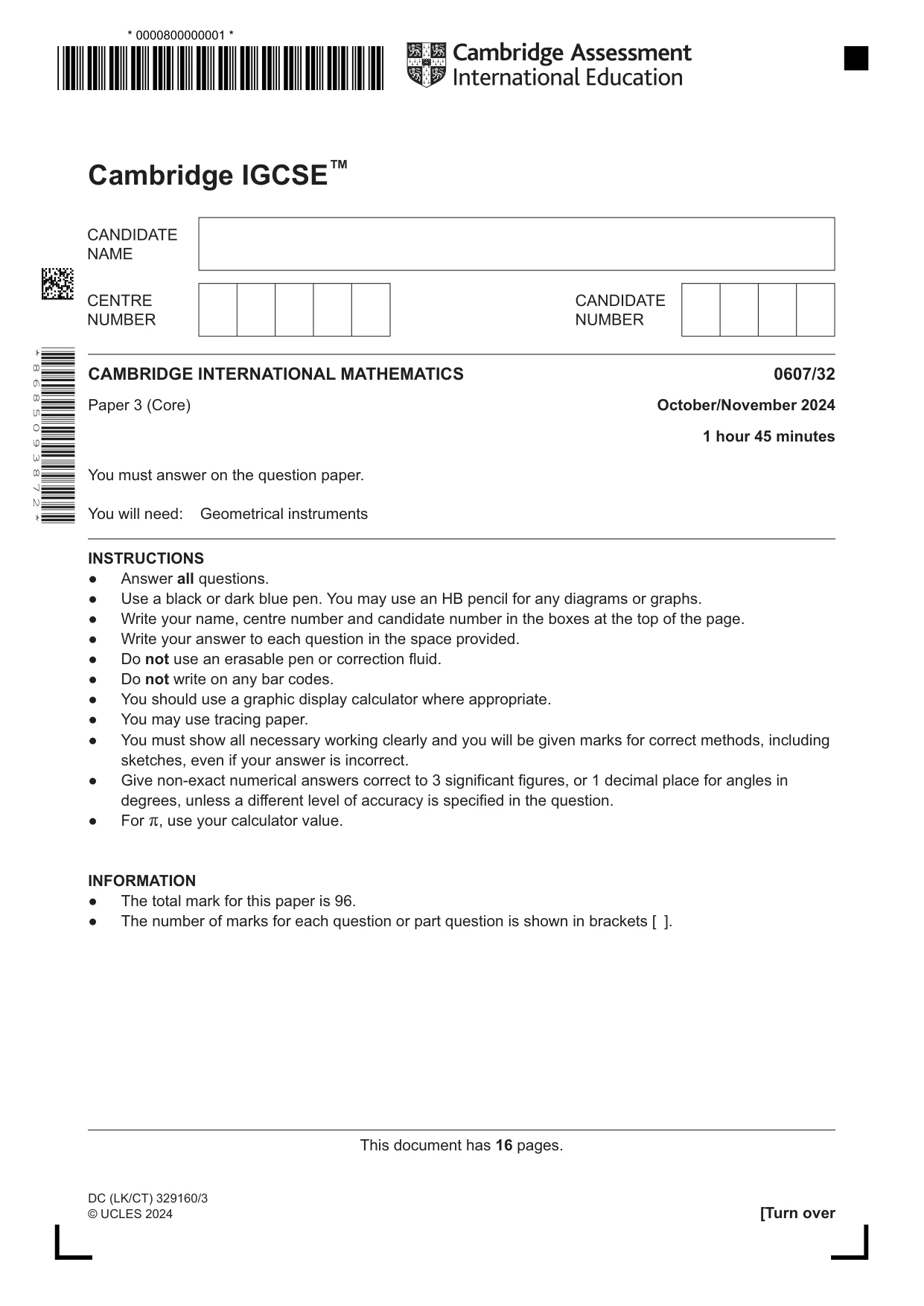 Cambridge IGCSE Mathematics - International 0607 2024 Oct/Nov Paper 3 · Variant 2 question paper, page 1 of 16