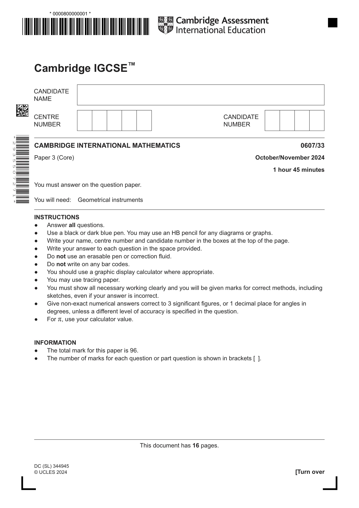 Cambridge IGCSE Mathematics - International 0607 2024 Oct/Nov Paper 3 · Variant 3 question paper, page 1 of 16