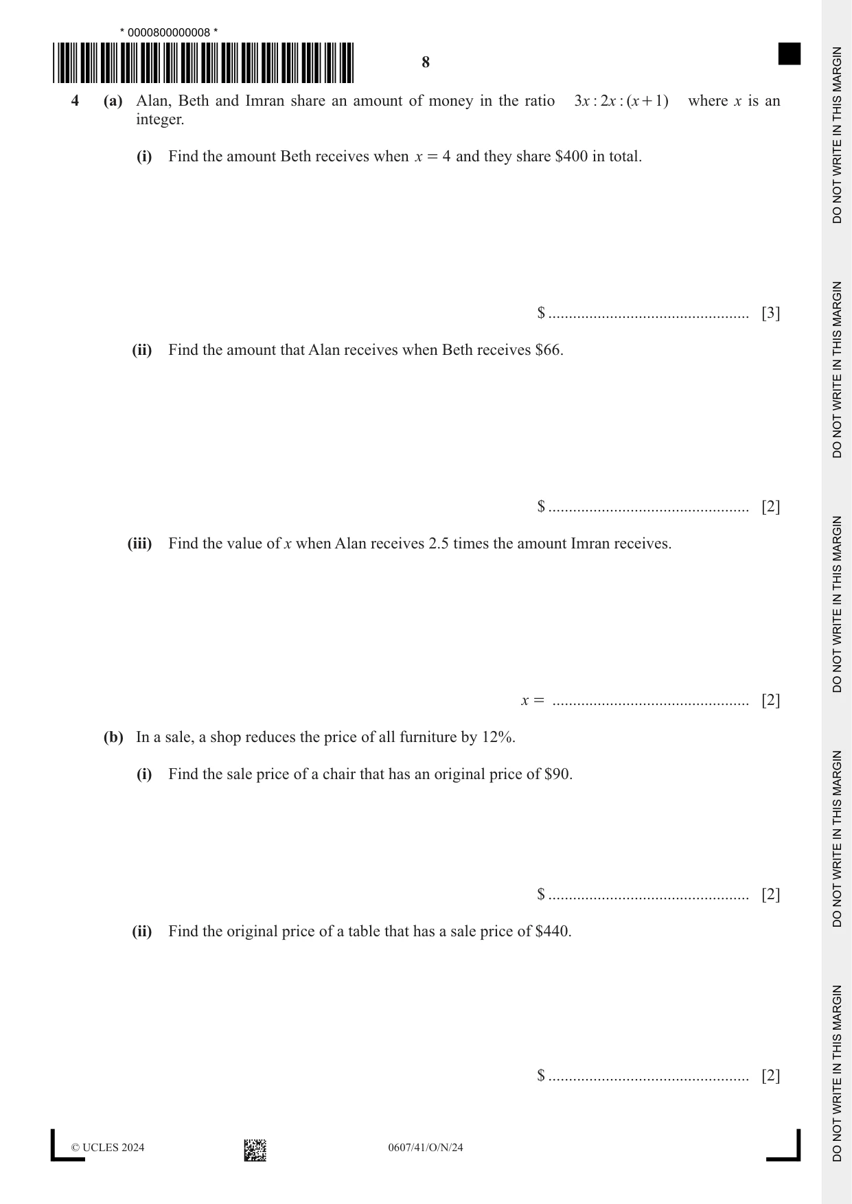 Cambridge IGCSE Mathematics - International 0607 2024 Oct/Nov Paper 4 · Variant 1 question paper, page 8 of 20