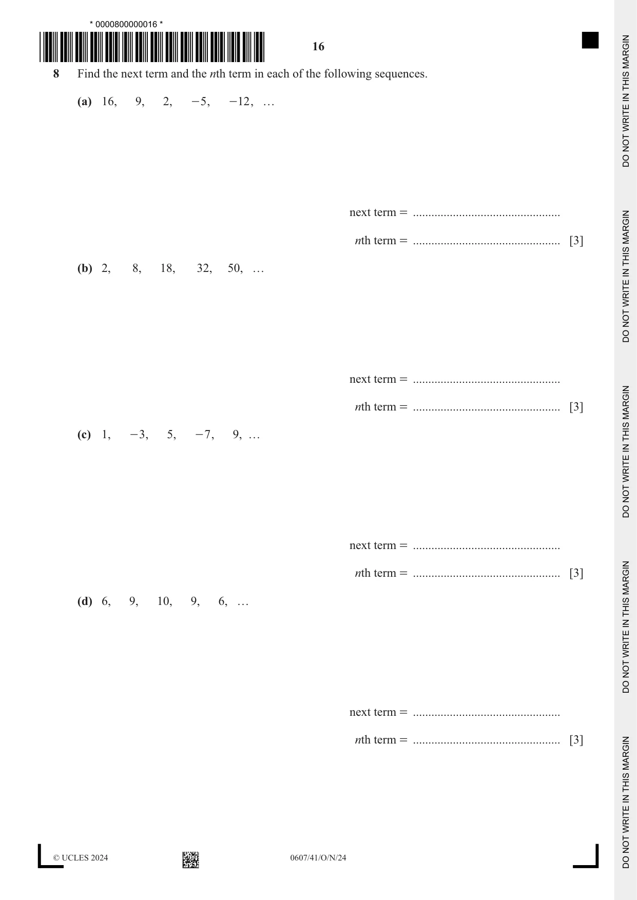 Cambridge IGCSE Mathematics - International 0607 2024 Oct/Nov Paper 4 · Variant 1 question paper, page 16 of 20
