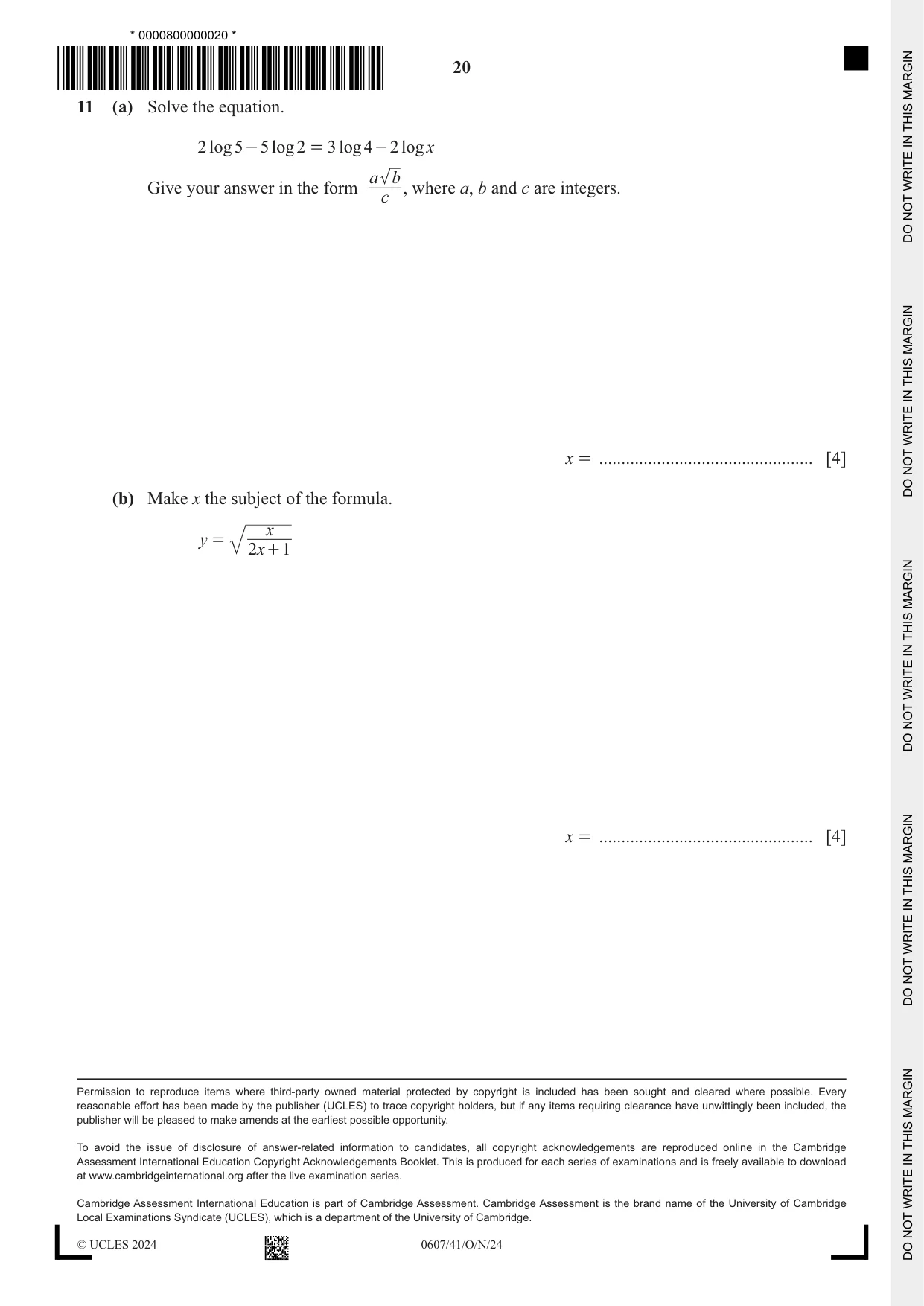 Cambridge IGCSE Mathematics - International 0607 2024 Oct/Nov Paper 4 · Variant 1 question paper, page 20 of 20