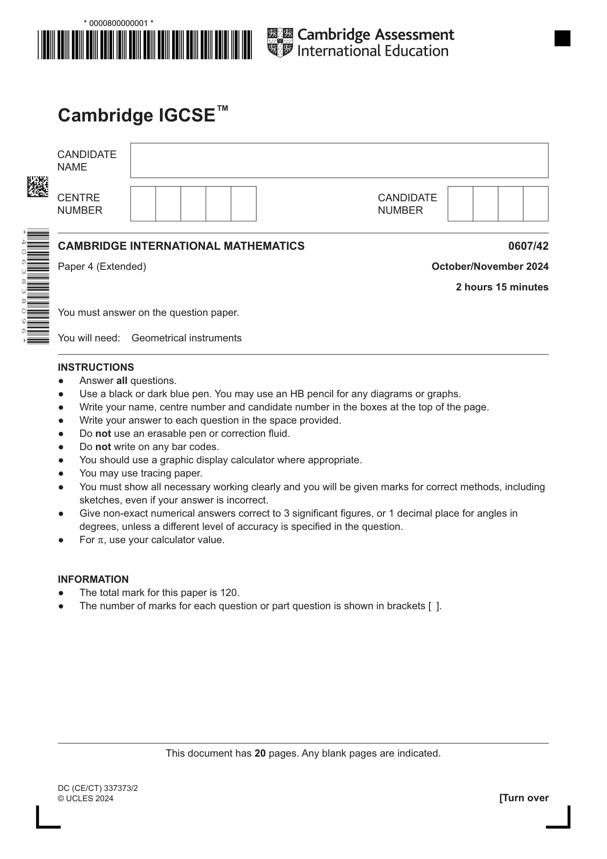Cambridge IGCSE Mathematics - International 0607 2024 Oct/Nov Paper 4 · Variant 2 question paper, page 1 of 20