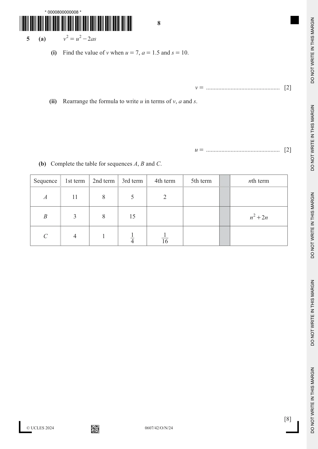 Cambridge IGCSE Mathematics - International 0607 2024 Oct/Nov Paper 4 · Variant 2 question paper, page 8 of 20