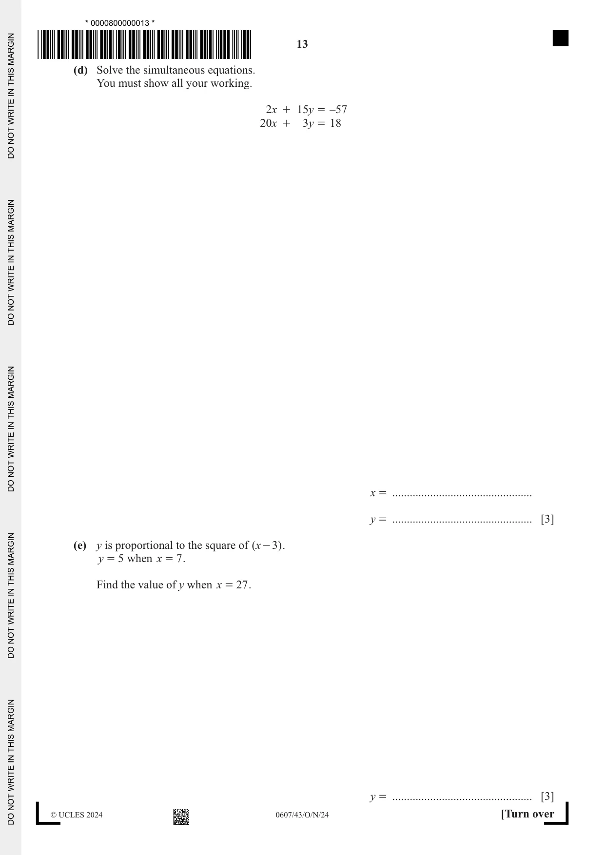 Cambridge IGCSE Mathematics - International 0607 2024 Oct/Nov Paper 4 · Variant 3 question paper, page 13 of 20