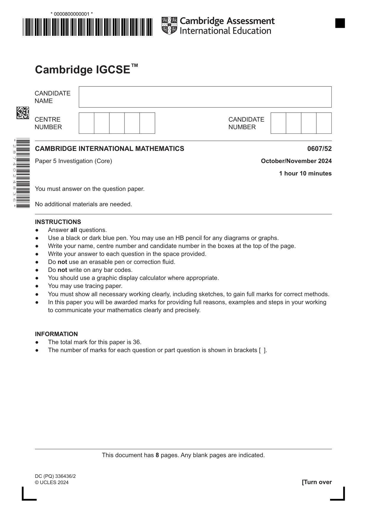 Cambridge IGCSE Mathematics - International 0607 2024 Oct/Nov Paper 5 · Variant 2 question paper, page 1 of 8