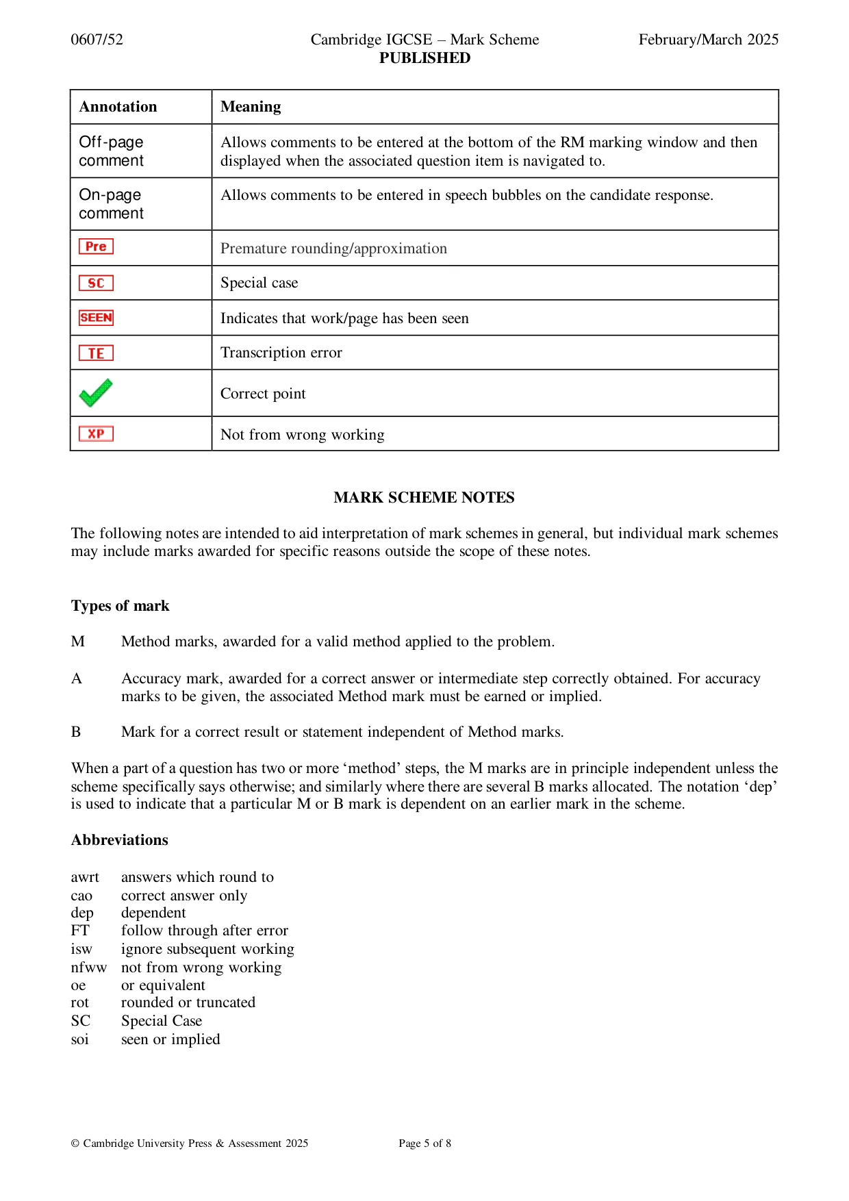 Mark scheme, page 5 of 8