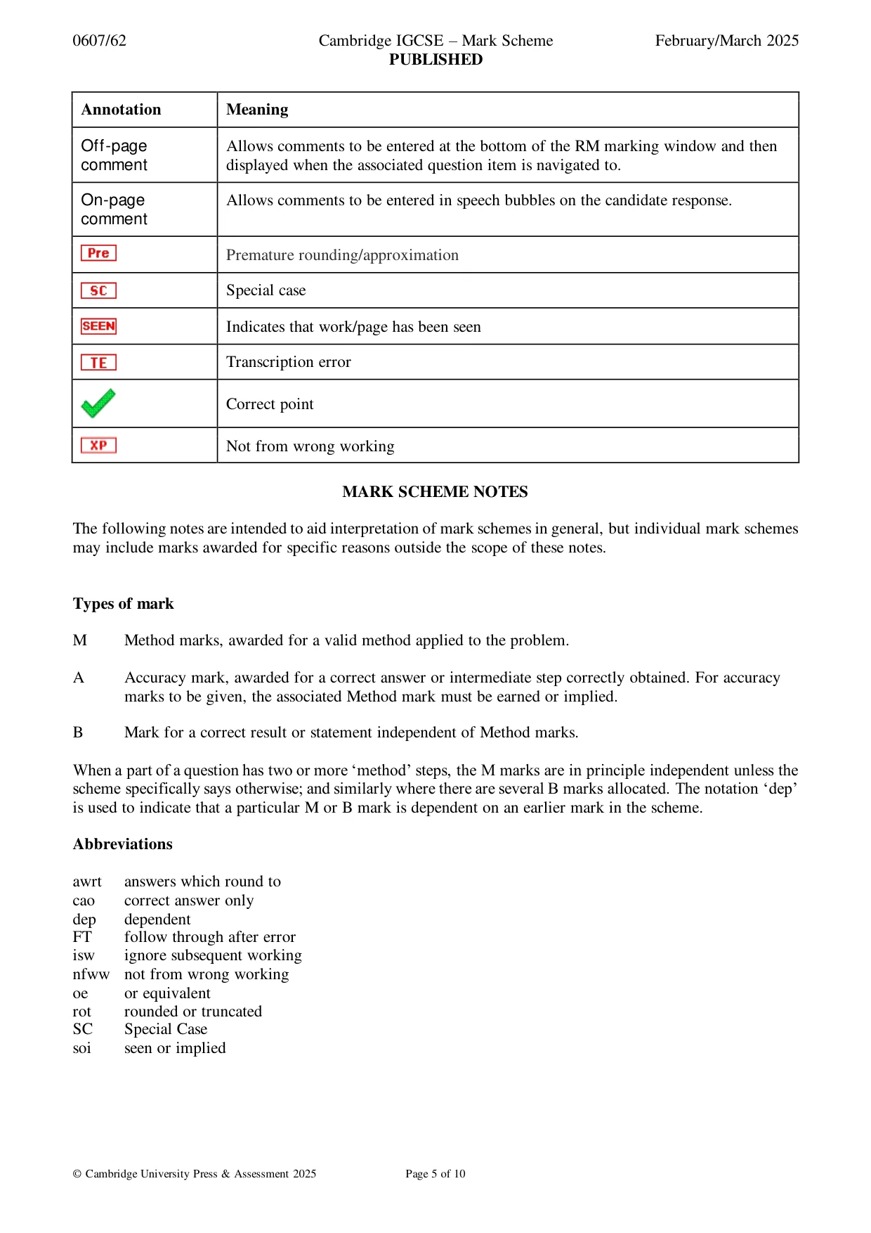 Mark scheme, page 5 of 10