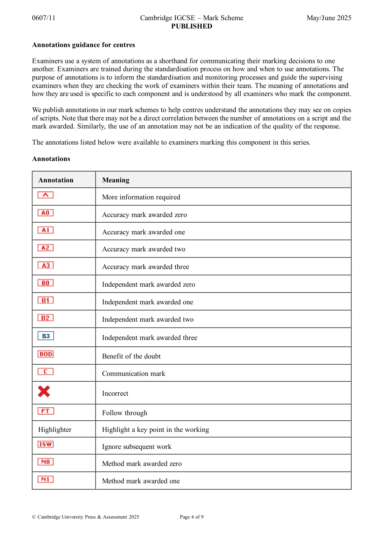 Mark scheme, page 4 of 9