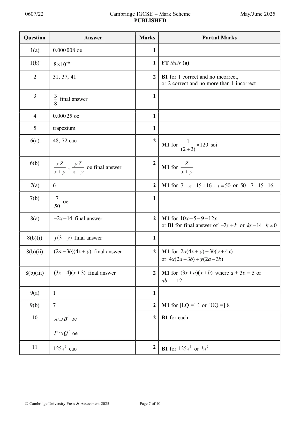 Mark scheme, page 7 of 10