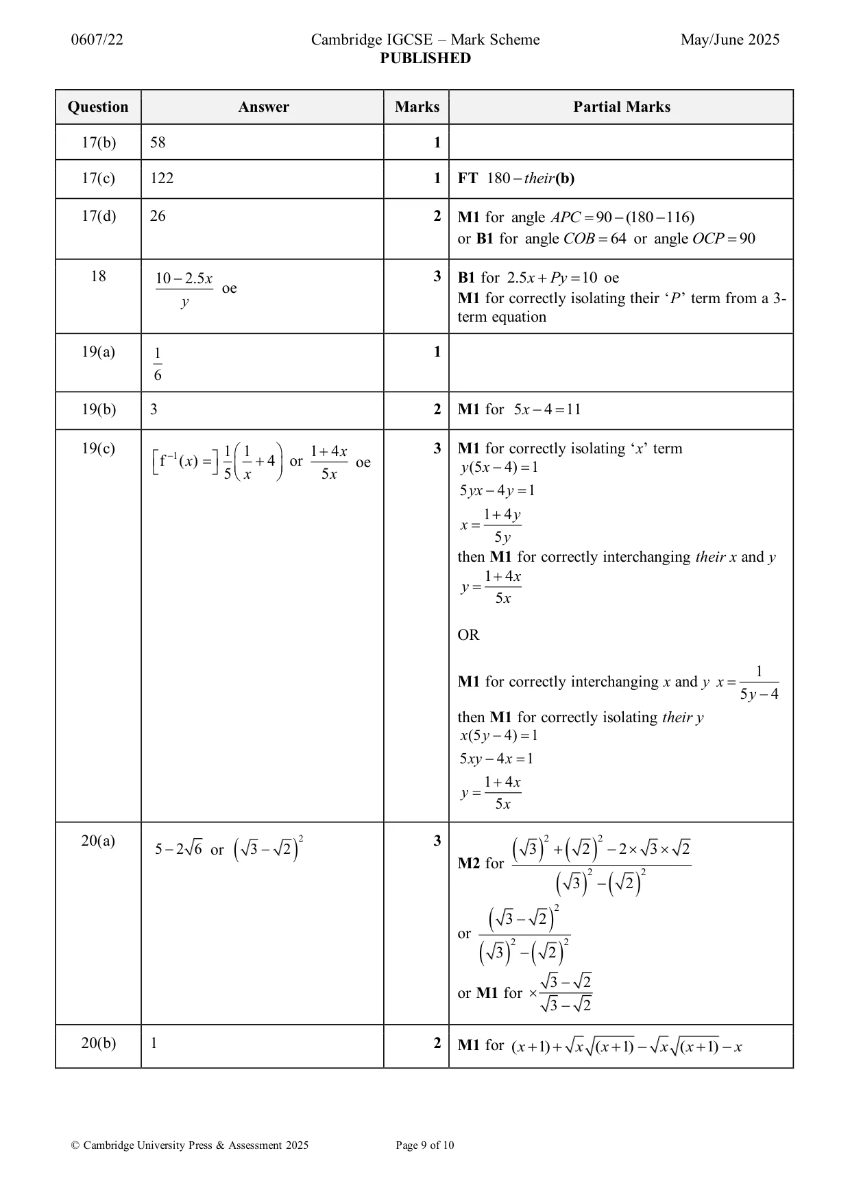 Mark scheme, page 9 of 10