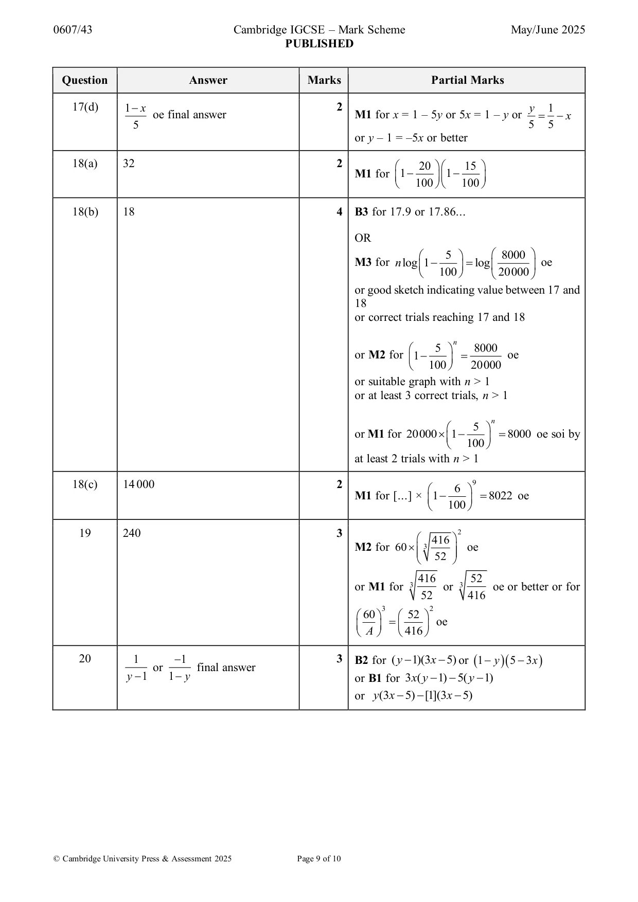 Mark scheme, page 9 of 10