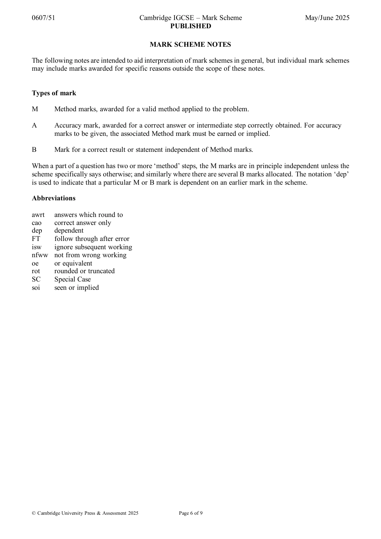 Mark scheme, page 6 of 9