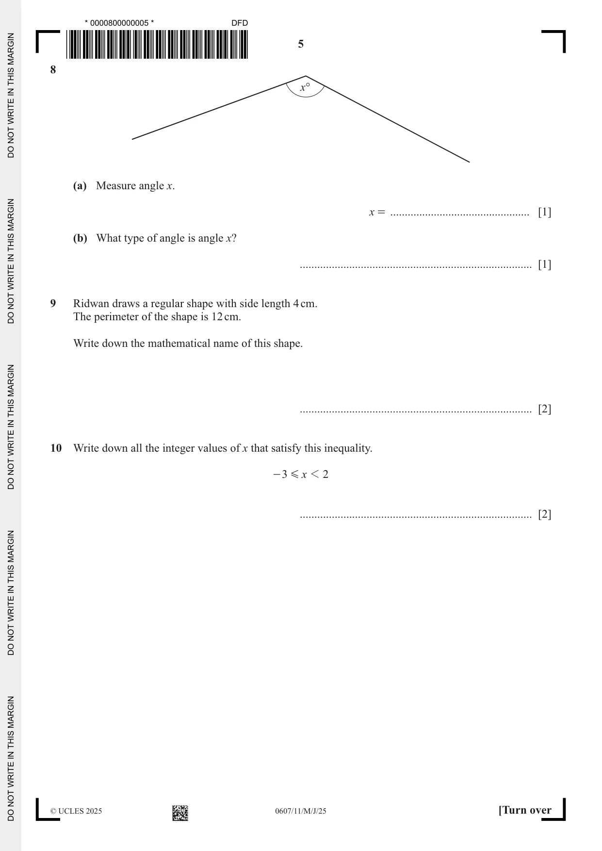Cambridge IGCSE Mathematics - International 0607 2025 May/June Paper 1 · Variant 1 question paper, page 5 of 12
