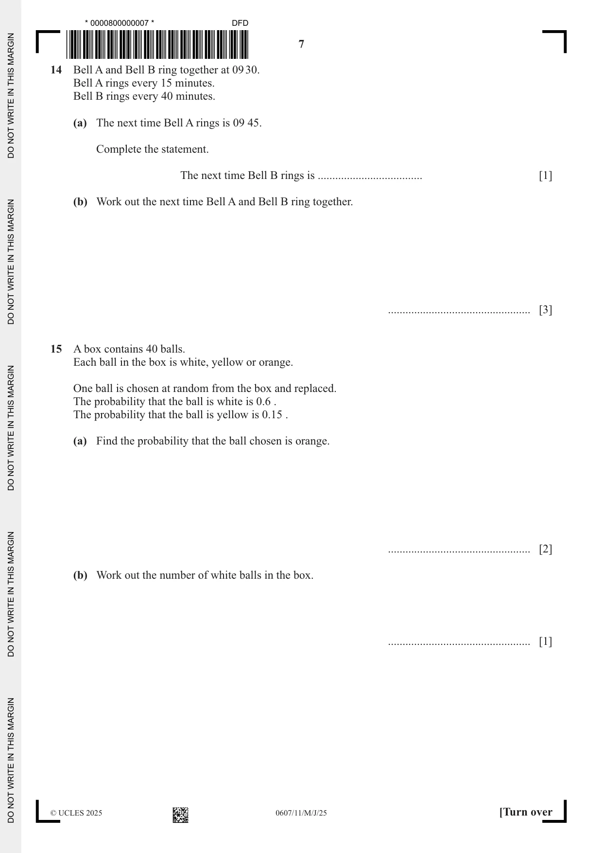 Cambridge IGCSE Mathematics - International 0607 2025 May/June Paper 1 · Variant 1 question paper, page 7 of 12