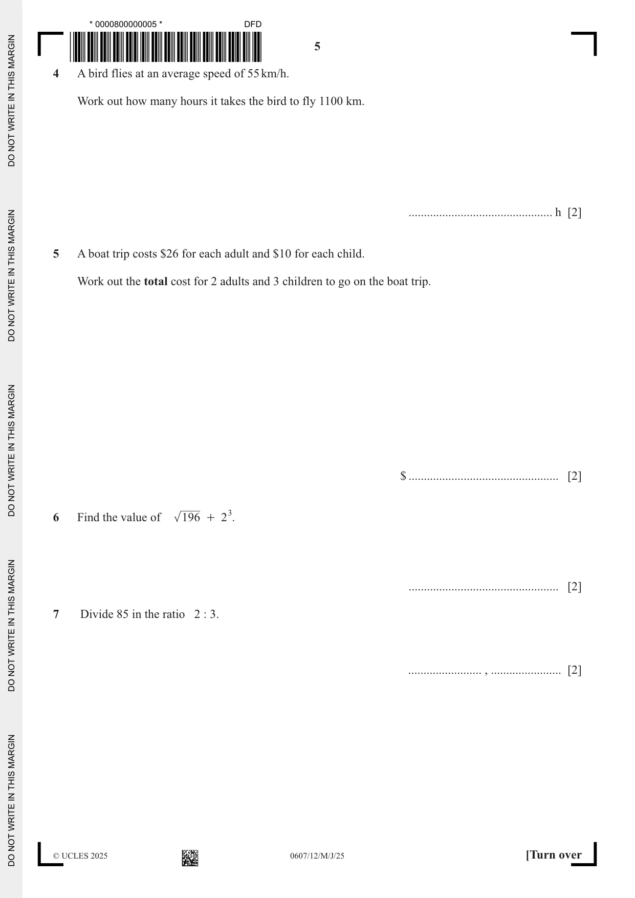 Cambridge IGCSE Mathematics - International 0607 2025 May/June Paper 1 · Variant 2 question paper, page 5 of 12