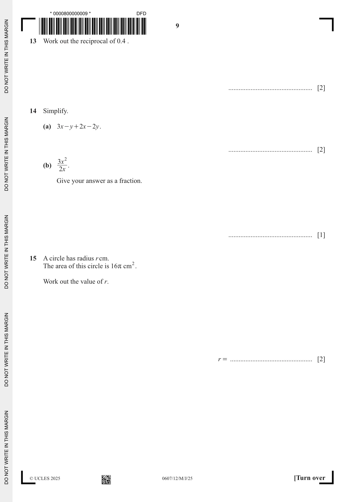Cambridge IGCSE Mathematics - International 0607 2025 May/June Paper 1 · Variant 2 question paper, page 9 of 12