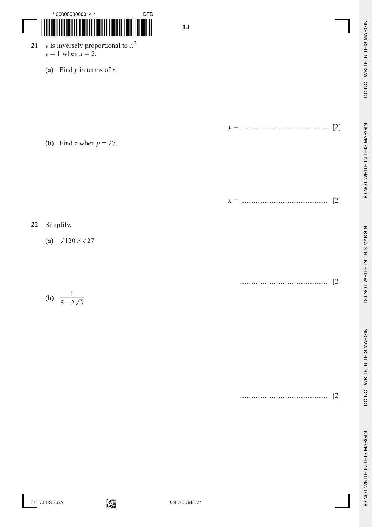 Cambridge IGCSE Mathematics - International 0607 2025 May/June Paper 2 · Variant 1 question paper, page 14 of 16