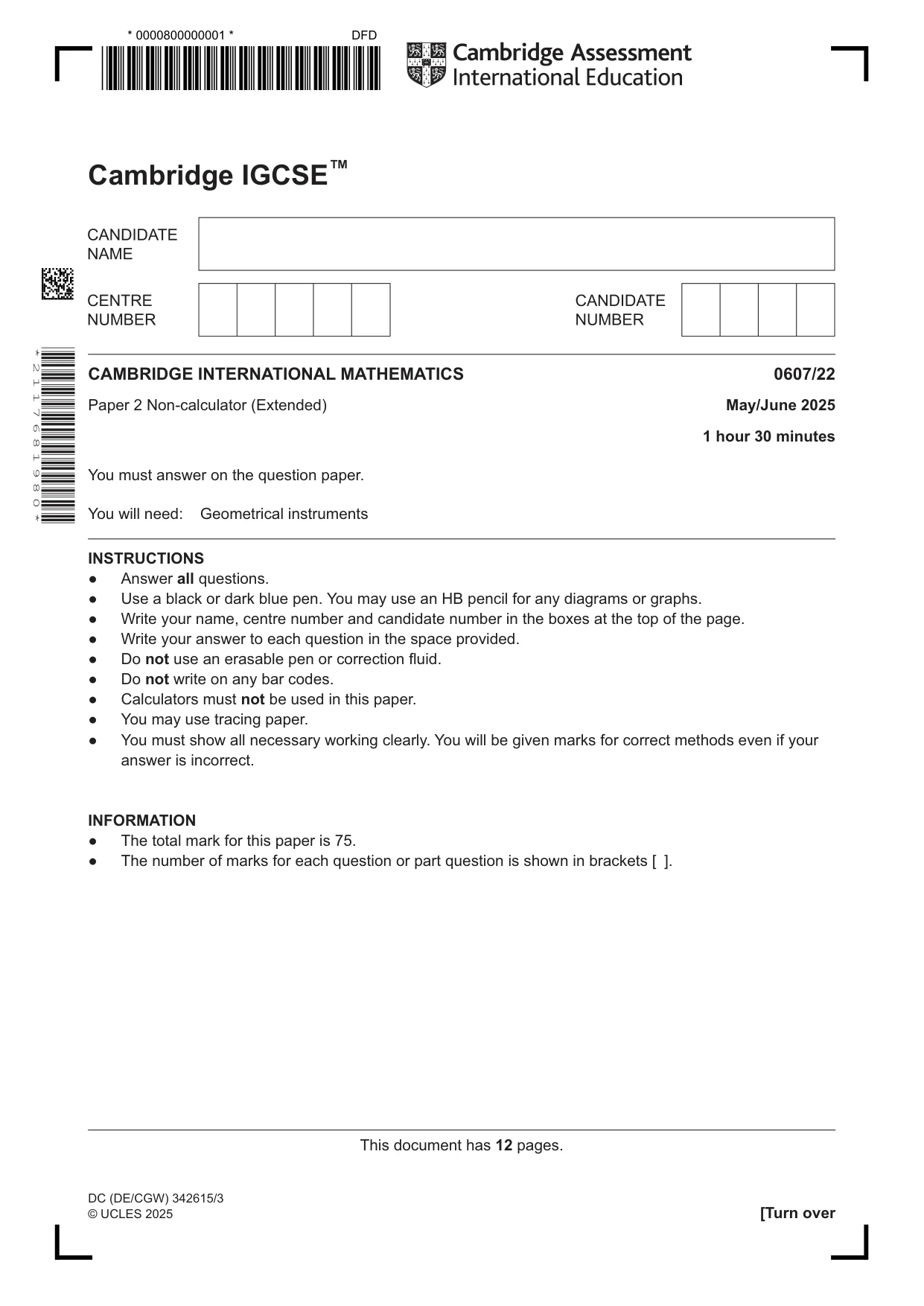 Cambridge IGCSE Mathematics - International 0607 2025 May/June Paper 2 · Variant 2 question paper, page 1 of 12
