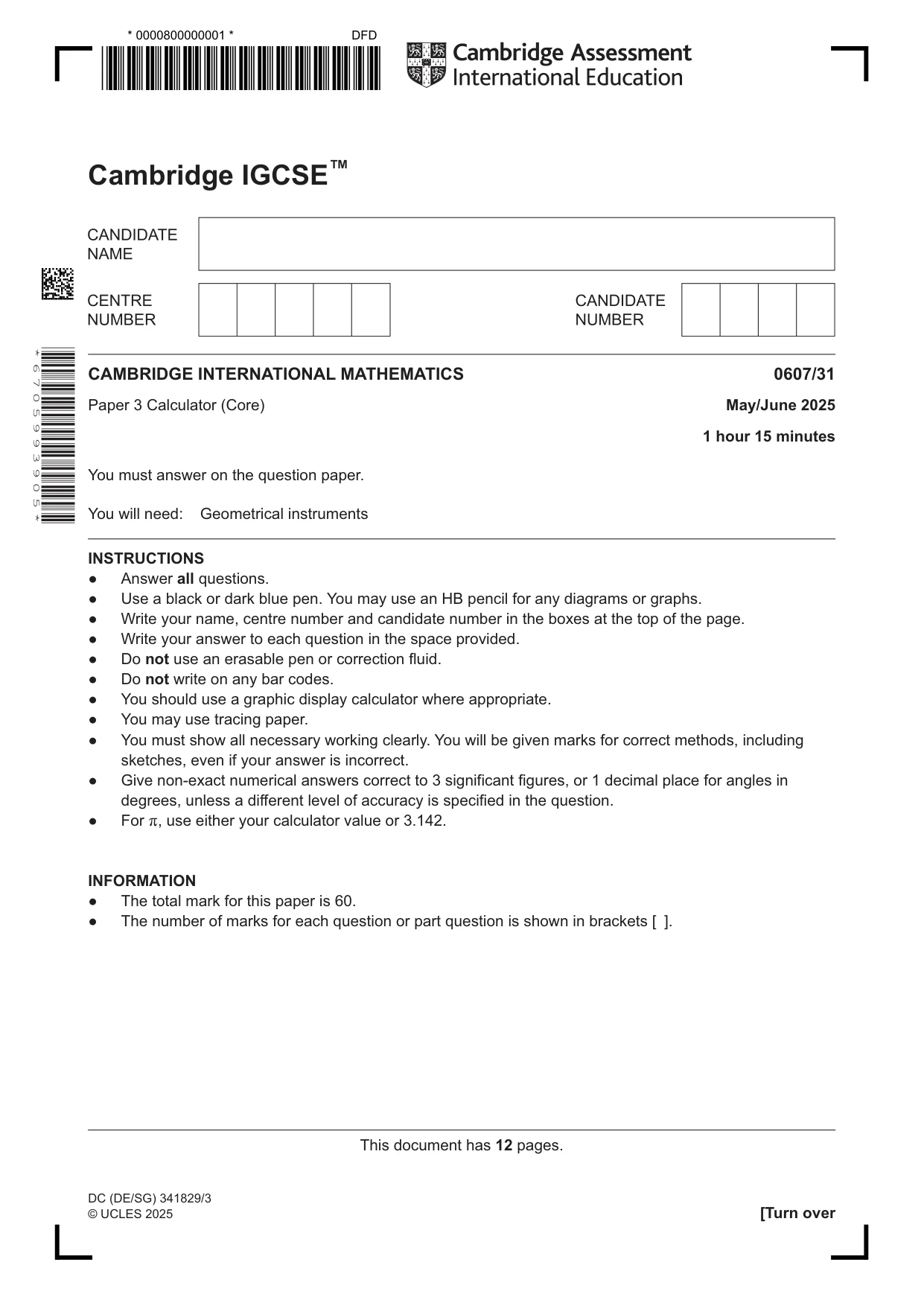 Cambridge IGCSE Mathematics - International 0607 2025 May/June Paper 3 · Variant 1 question paper, page 1 of 12