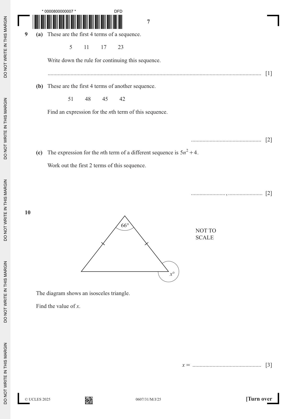 Cambridge IGCSE Mathematics - International 0607 2025 May/June Paper 3 · Variant 1 question paper, page 7 of 12