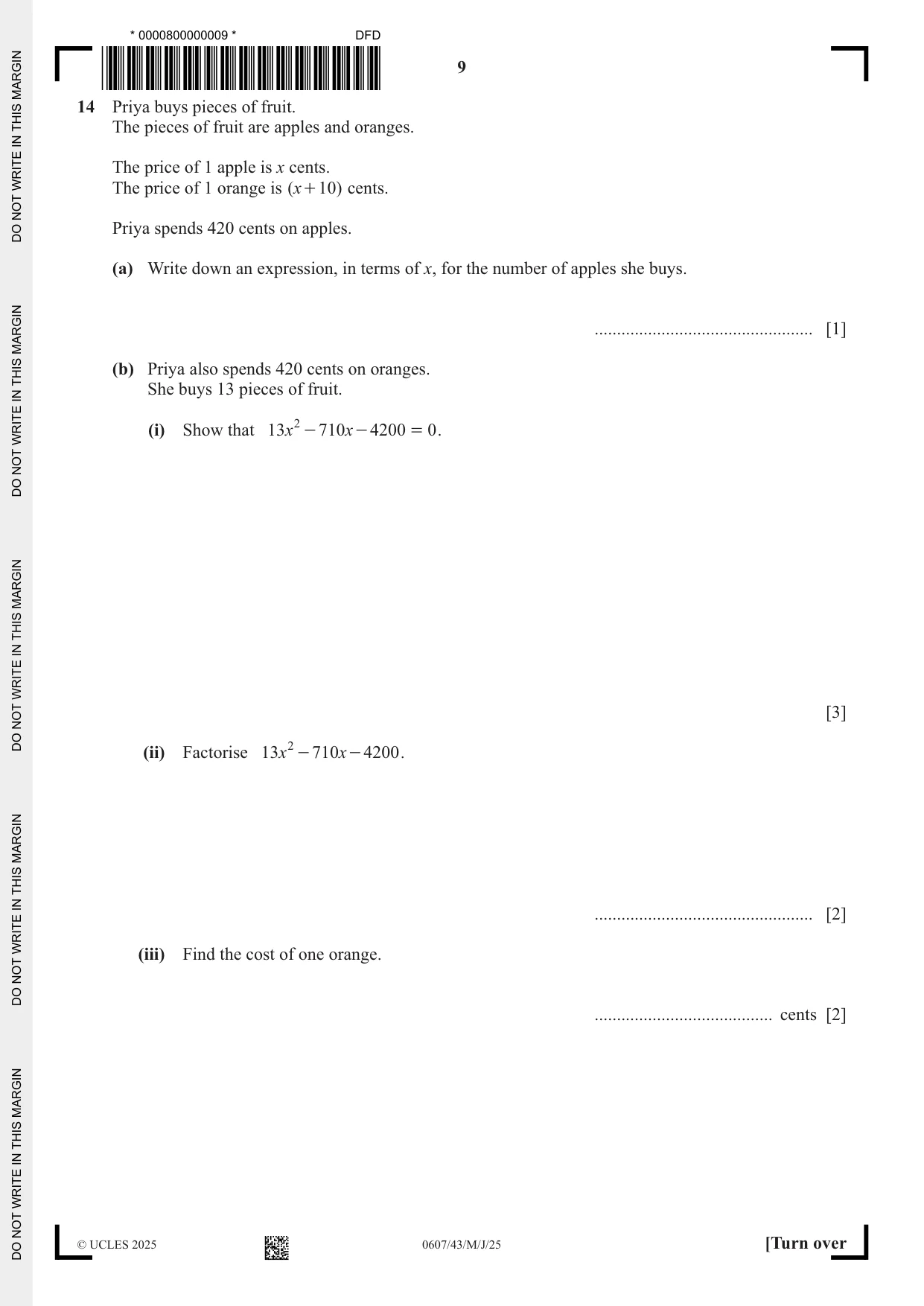 Cambridge IGCSE Mathematics - International 0607 2025 May/June Paper 4 · Variant 3 question paper, page 9 of 16