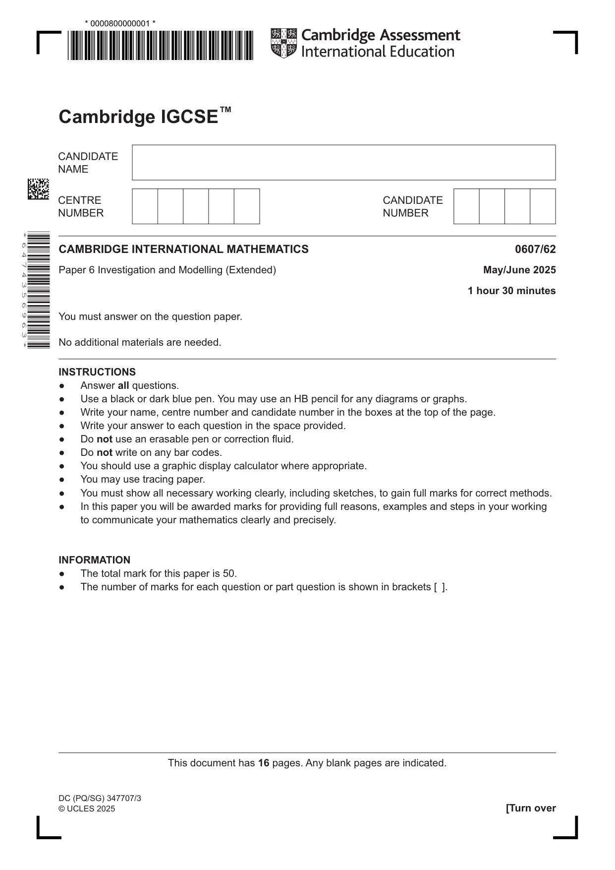 Cambridge IGCSE Mathematics - International 0607 2025 May/June Paper 6 · Variant 2 question paper, page 1 of 16