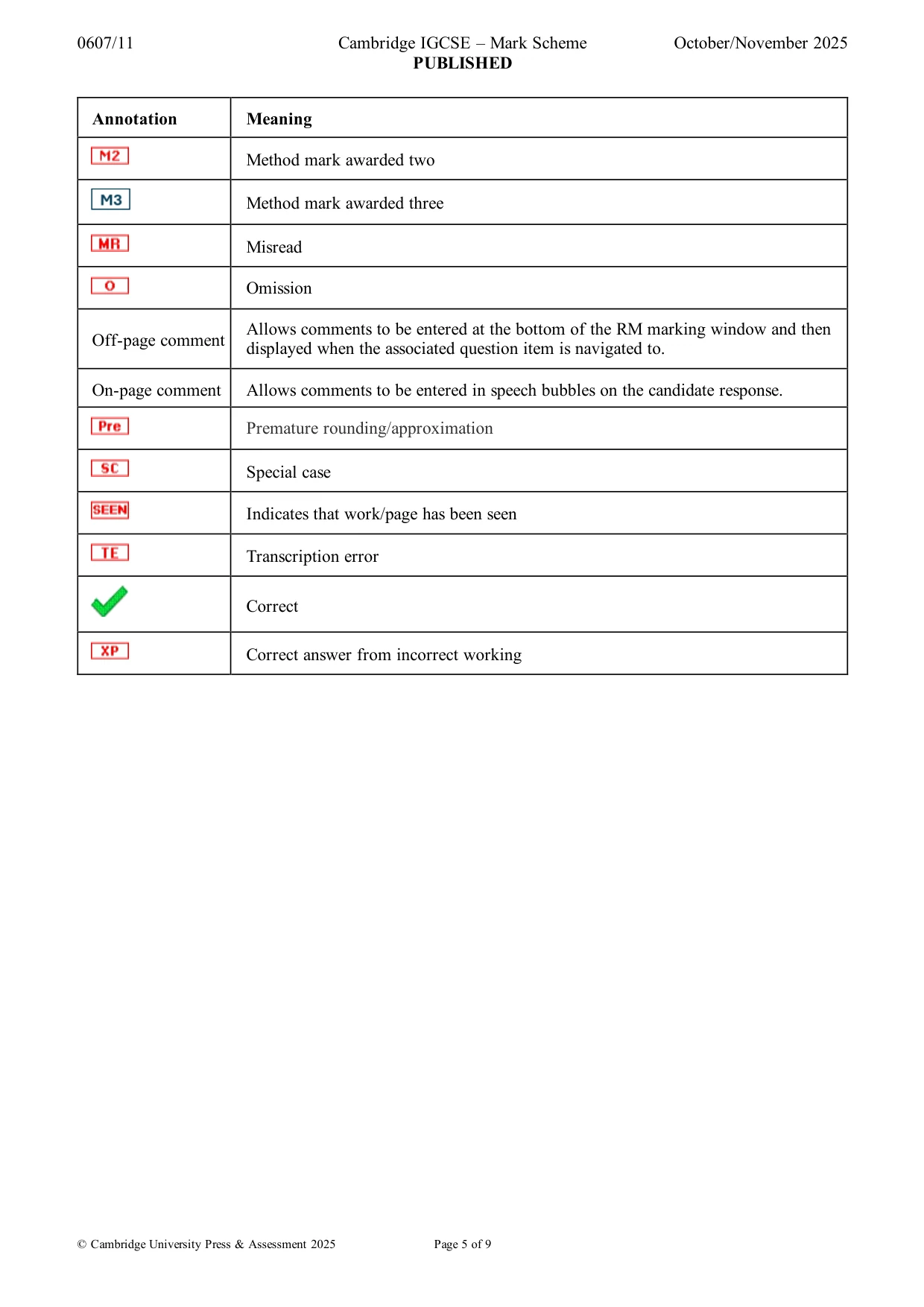 Mark scheme, page 5 of 9